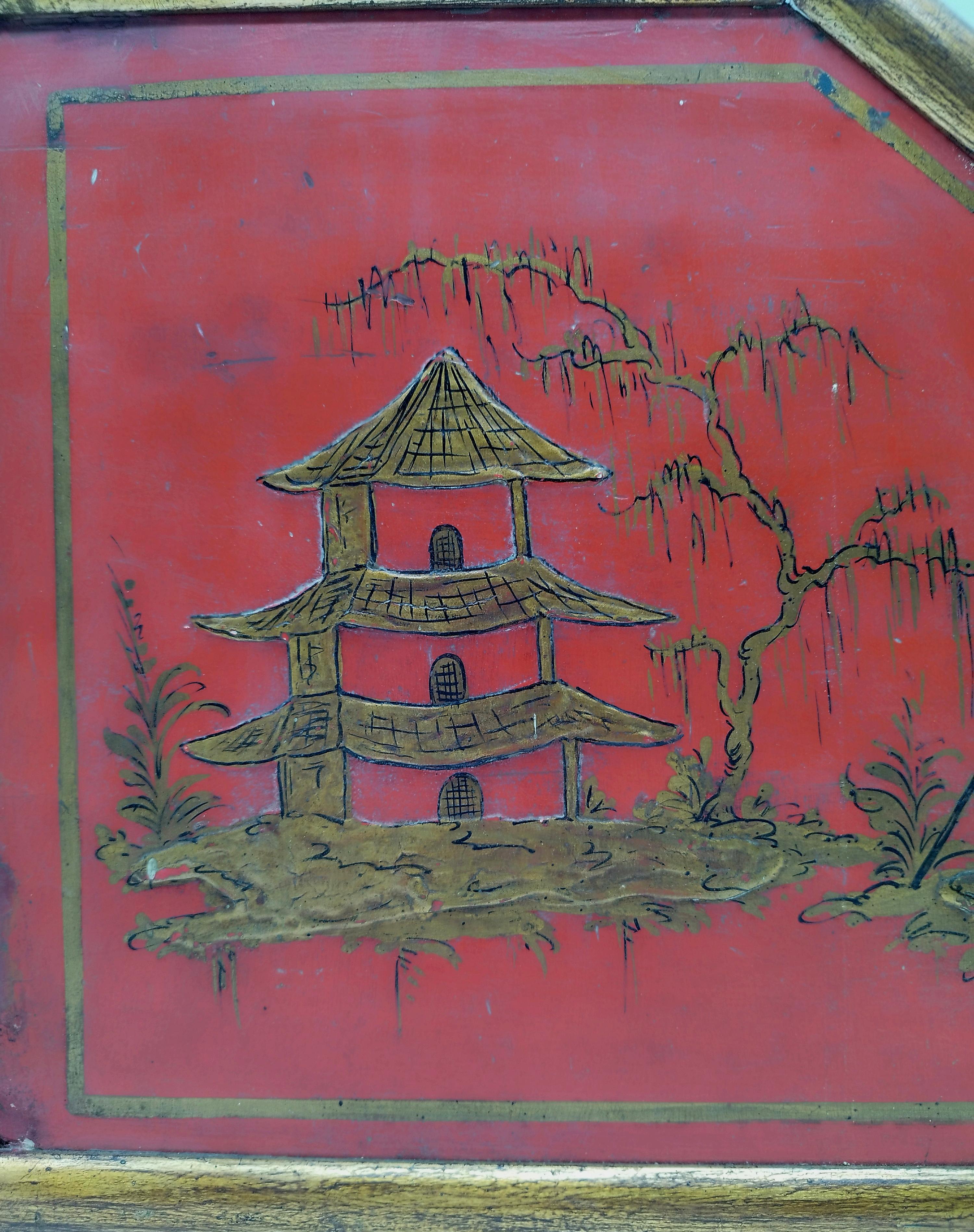 Mid-Century Modern Red Lacquered Wooden Decorative Panel with Landscape, China 1950s