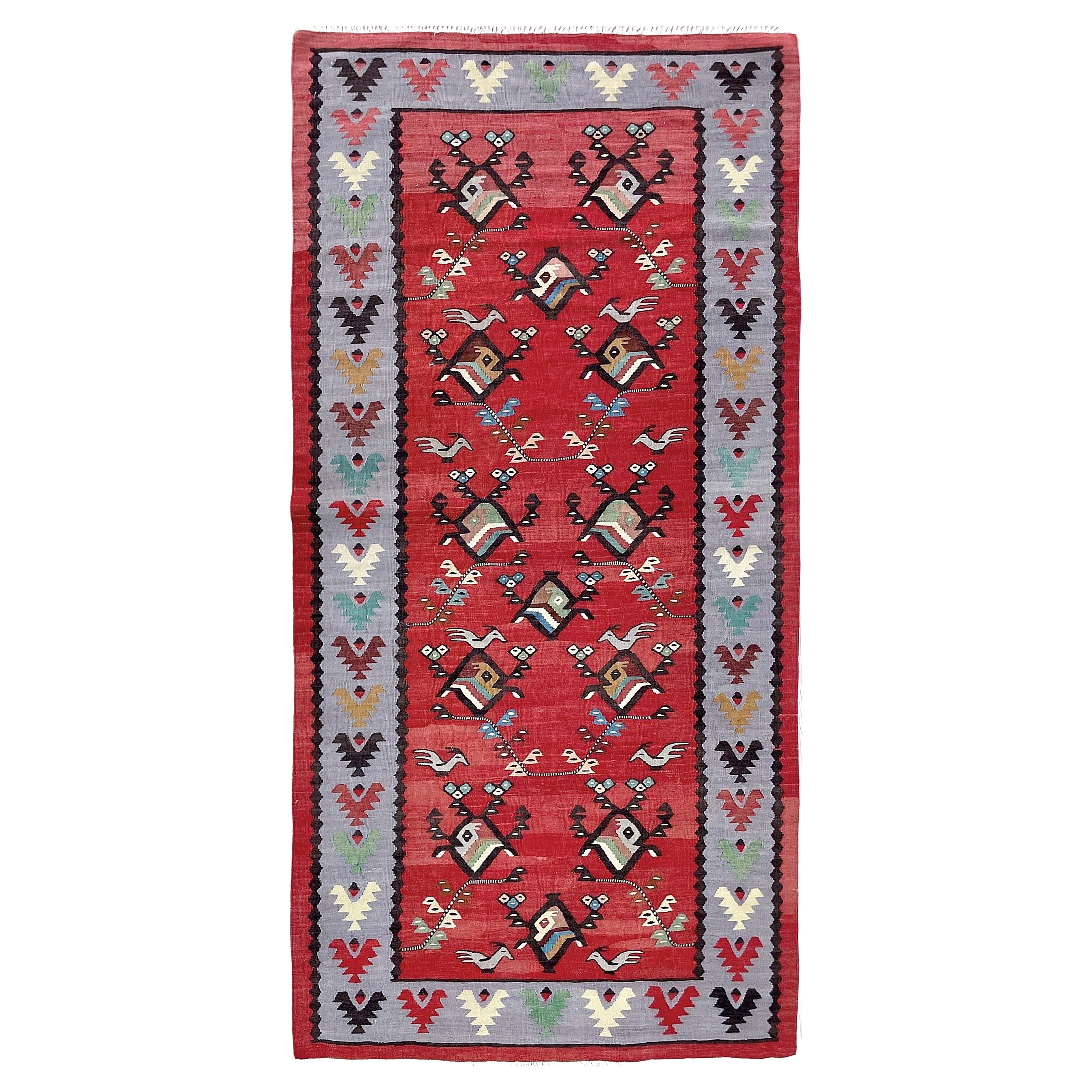 Kilim balcanico rosso e lavanda Pirot - Tappeto Vintage a trama piatta (3′×5′) - Europa degli anni '60 in vendita