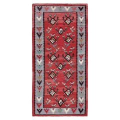 Red & Lavender Pirot Kilim • Vintage Europeaan Flatweave Rug (3′×5′) • 1960s