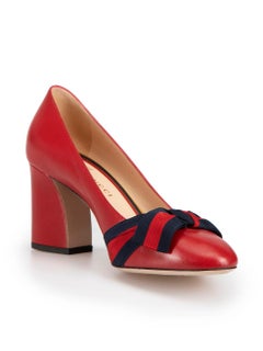 Red Leather Aline Web Bow Block Heel Pumps Size IT 38