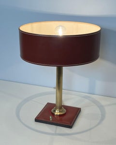Red Leather and Brass Desk Lamp in the Style of Jacques Adnet, circa 1970