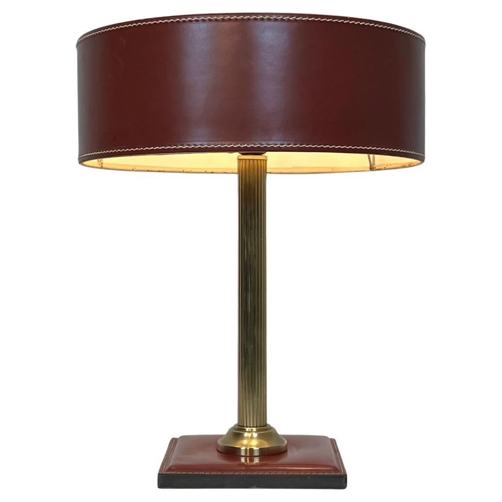 Red Leather and Brass Desk Lamp in the Style of Jacques Adnet, circa 1970