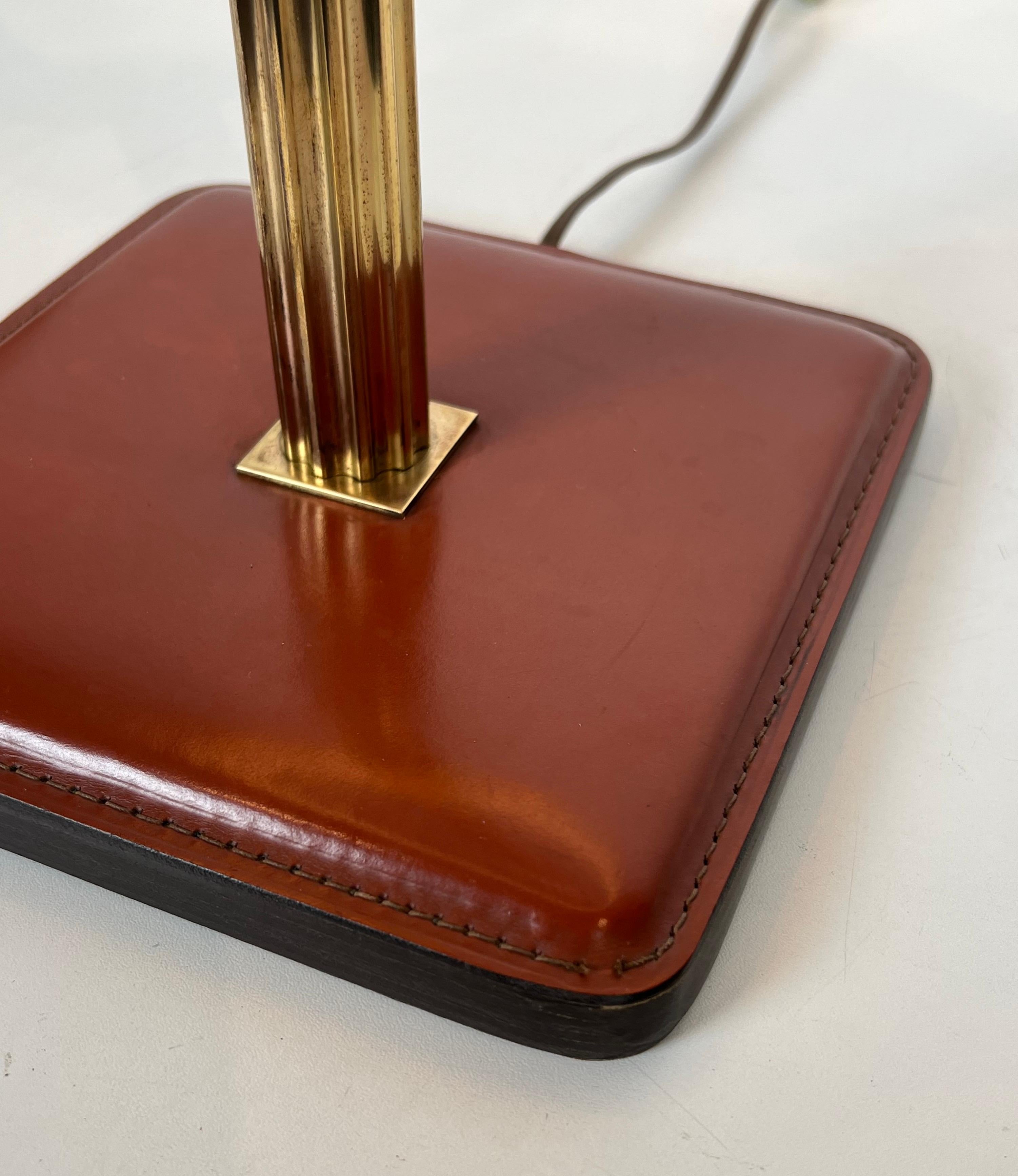 Red Leather and Brass Desk Lamp in the Style of Jacques Adnet For Sale 5