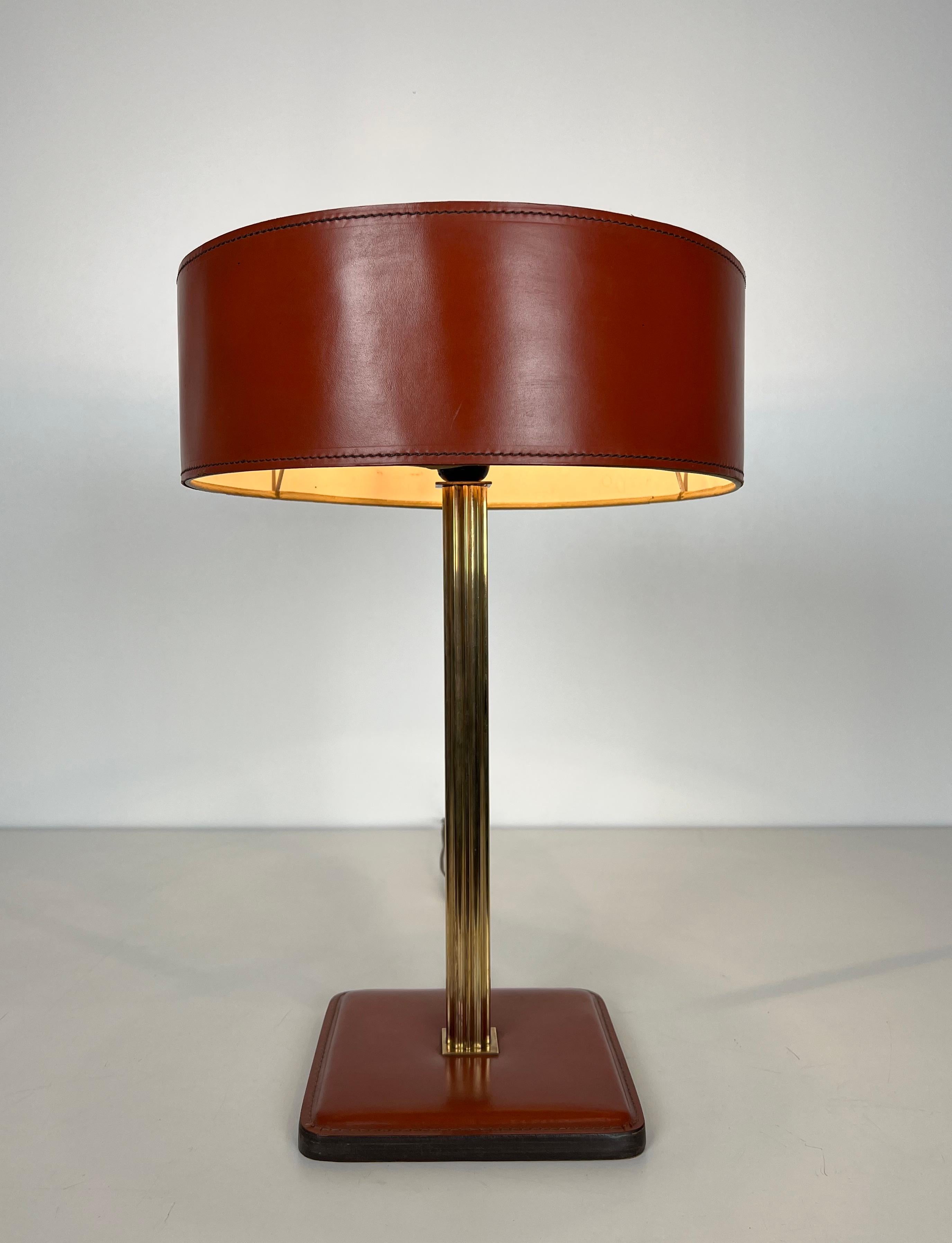 Red Leather and Brass Desk Lamp in the Style of Jacques Adnet For Sale 6