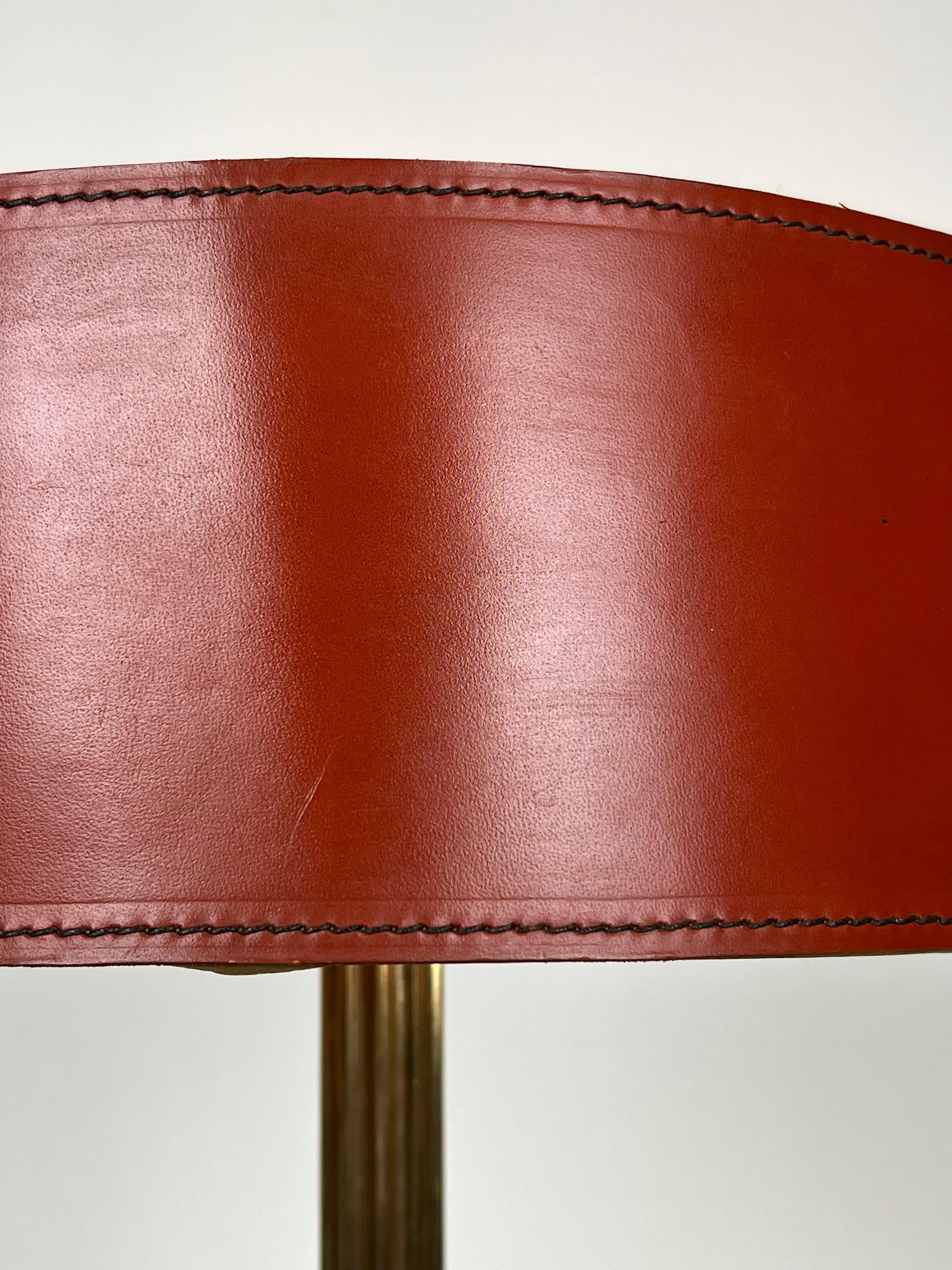 Red Leather and Brass Desk Lamp in the Style of Jacques Adnet For Sale 9