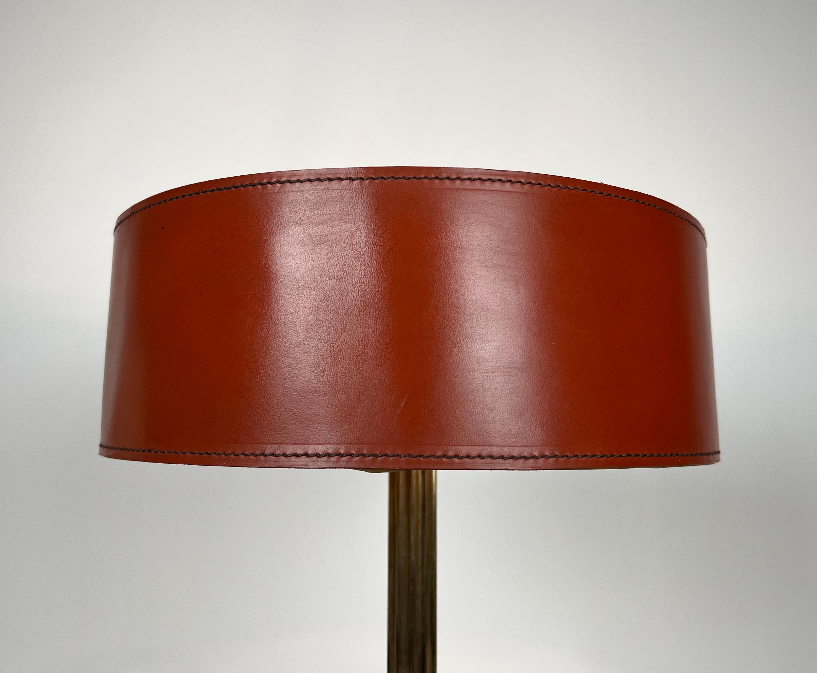 Red Leather and Brass Desk Lamp in the Style of Jacques Adnet For Sale 11