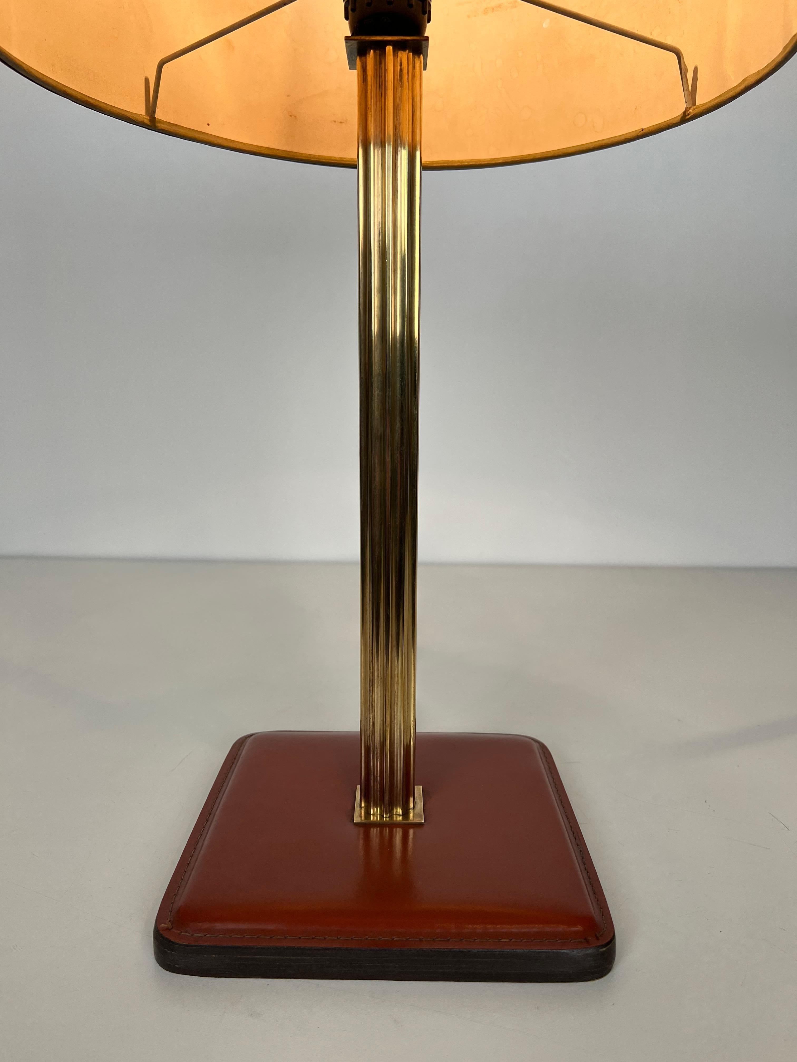 Red Leather and Brass Desk Lamp in the Style of Jacques Adnet For Sale 12