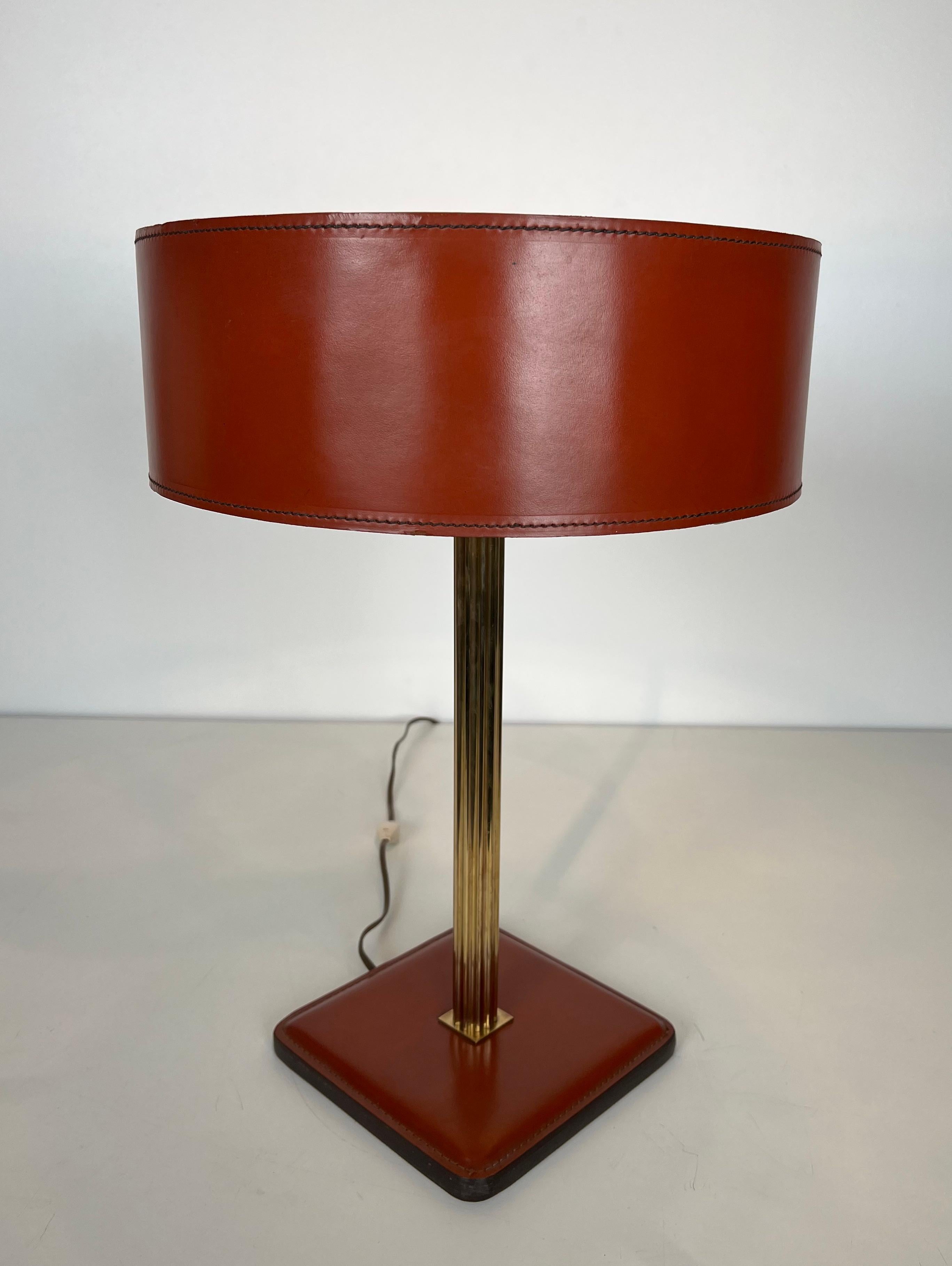 Red Leather and Brass Desk Lamp in the Style of Jacques Adnet For Sale 14
