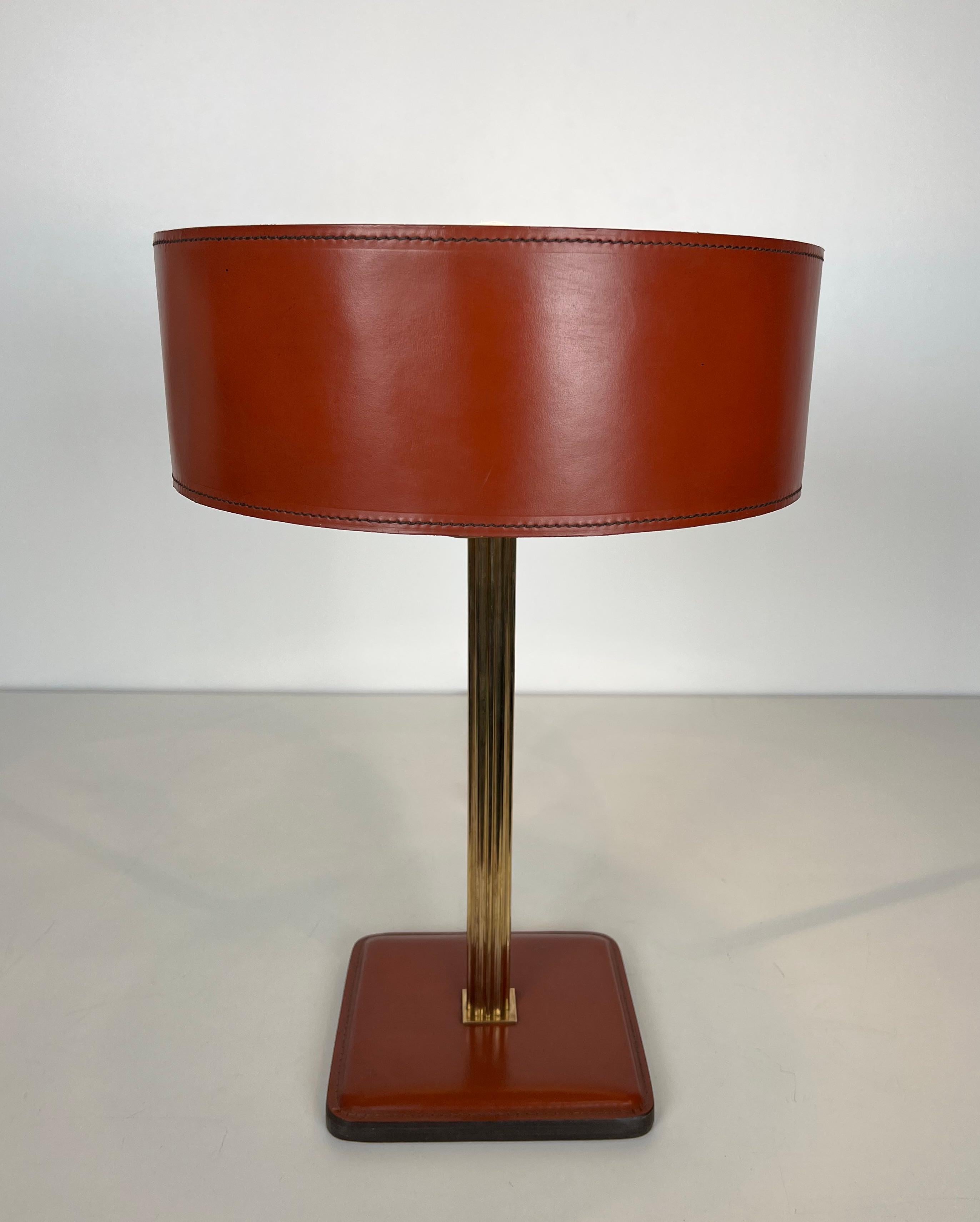 French Red Leather and Brass Desk Lamp in the Style of Jacques Adnet For Sale