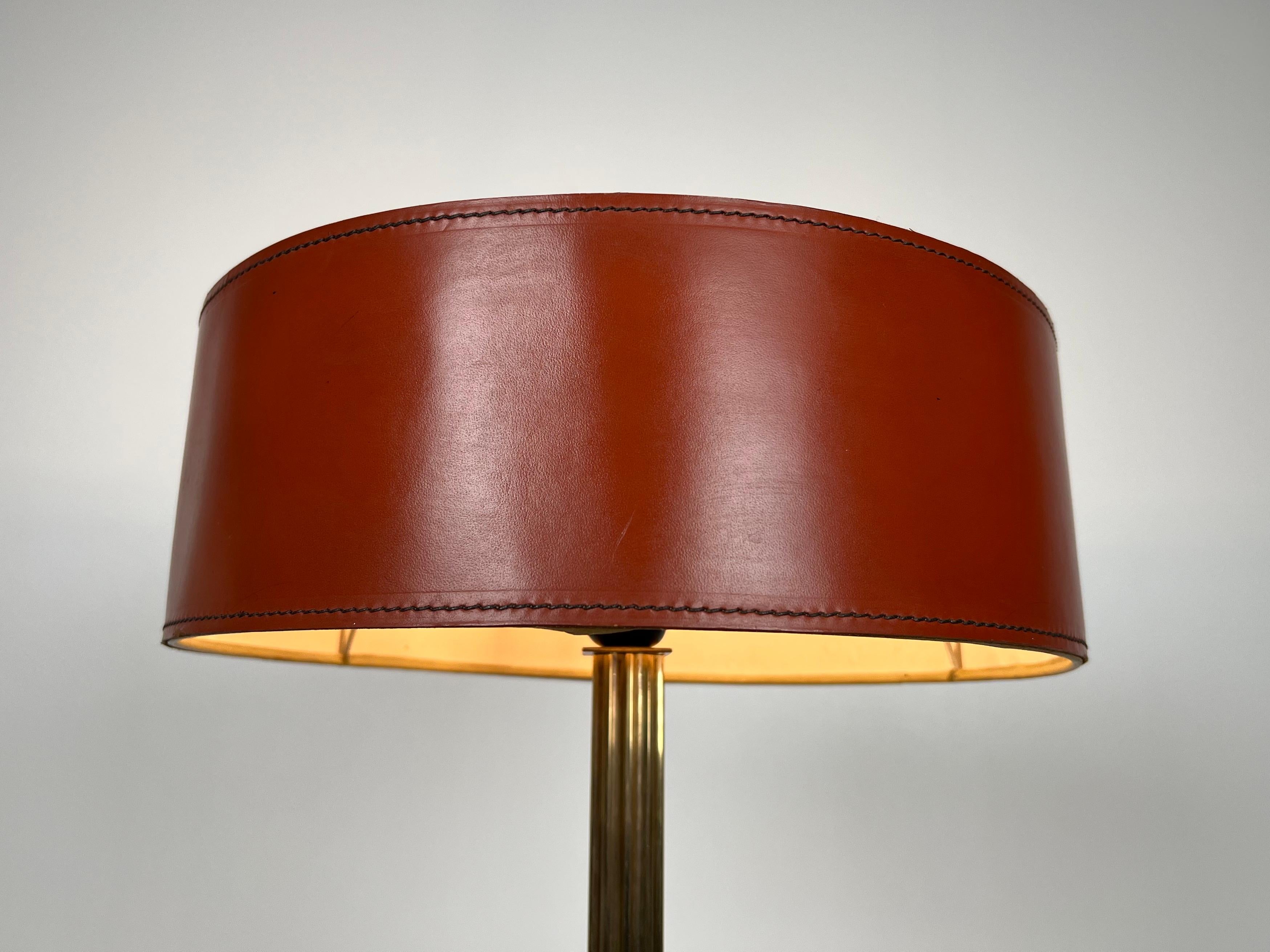 Late 20th Century Red Leather and Brass Desk Lamp in the Style of Jacques Adnet For Sale