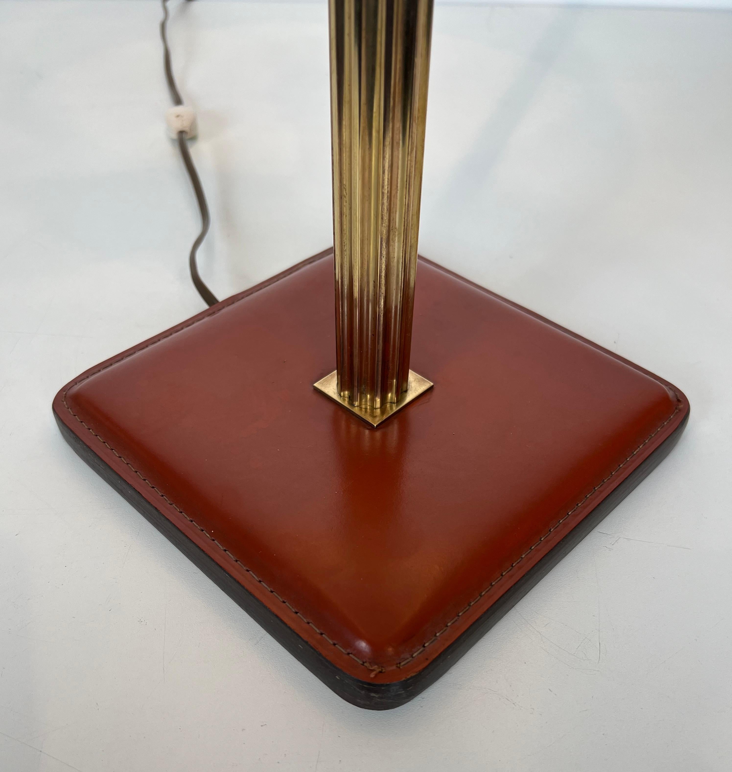 Red Leather and Brass Desk Lamp in the Style of Jacques Adnet For Sale 1