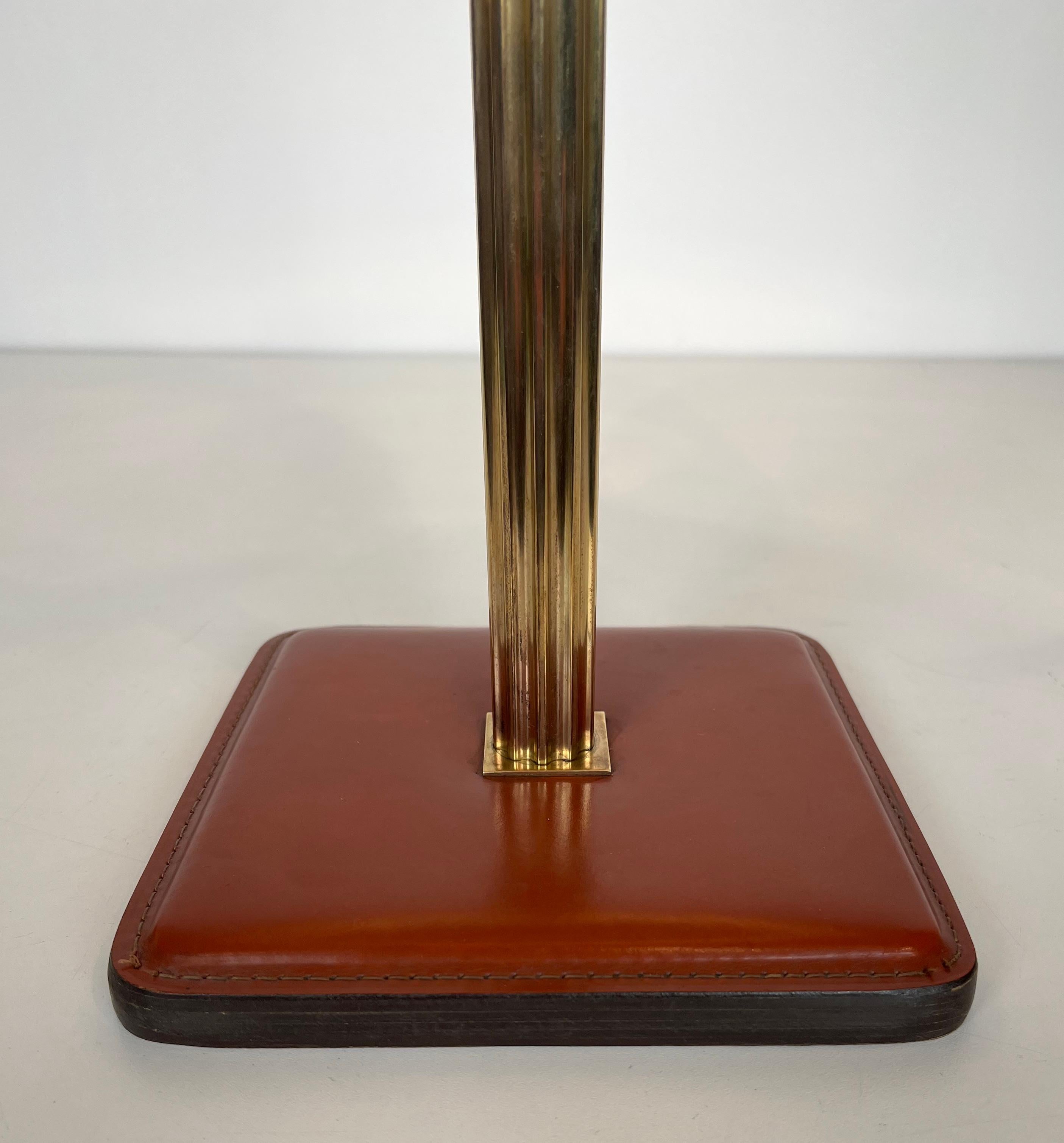 Red Leather and Brass Desk Lamp in the Style of Jacques Adnet For Sale 2