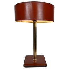 Red Leather and Brass Desk Lamp in the Style of Jacques Adnet