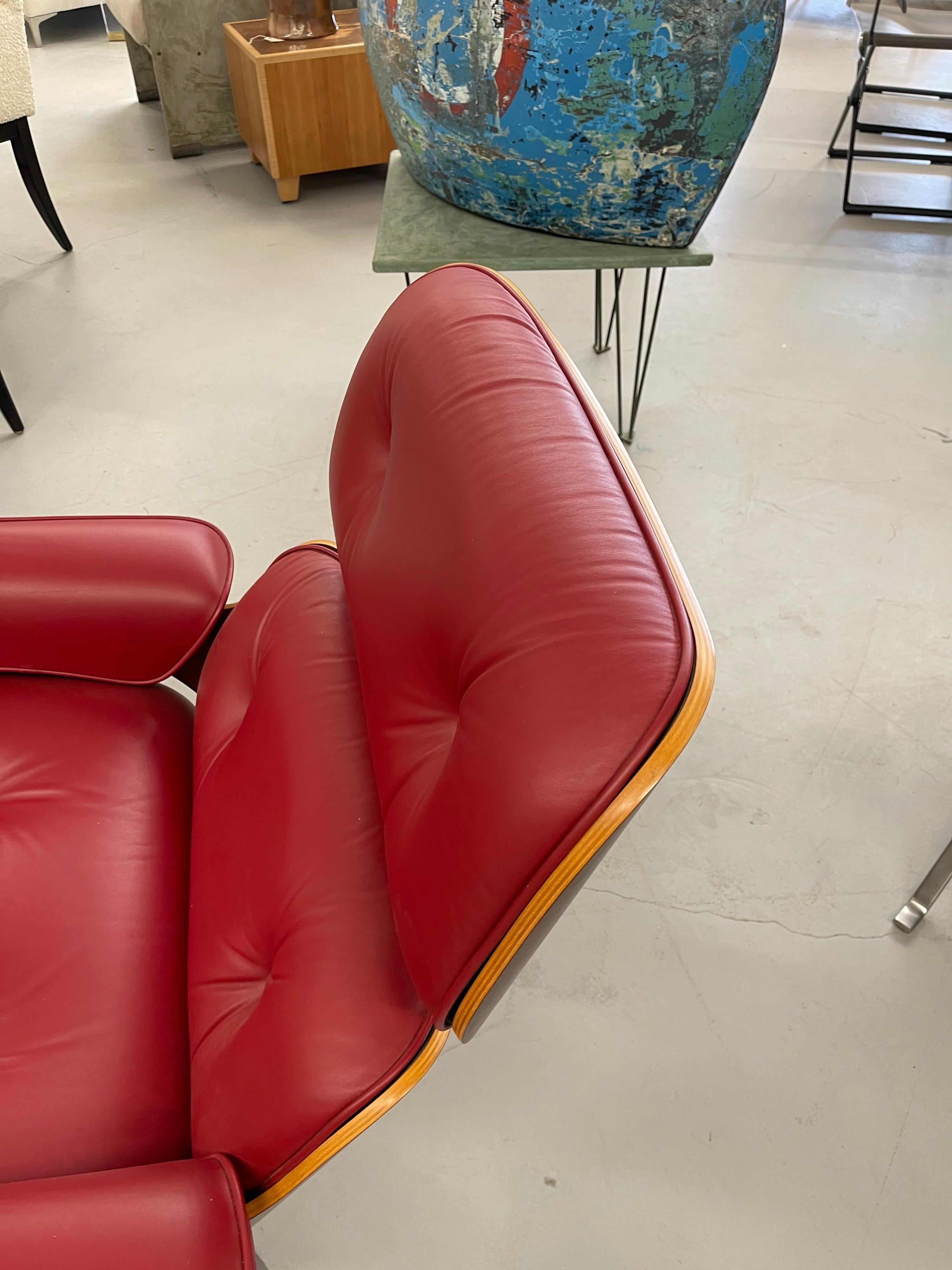 Hand-Crafted Red Leather and Cherry Eames 670/71 Chair and Ottoman, 2005