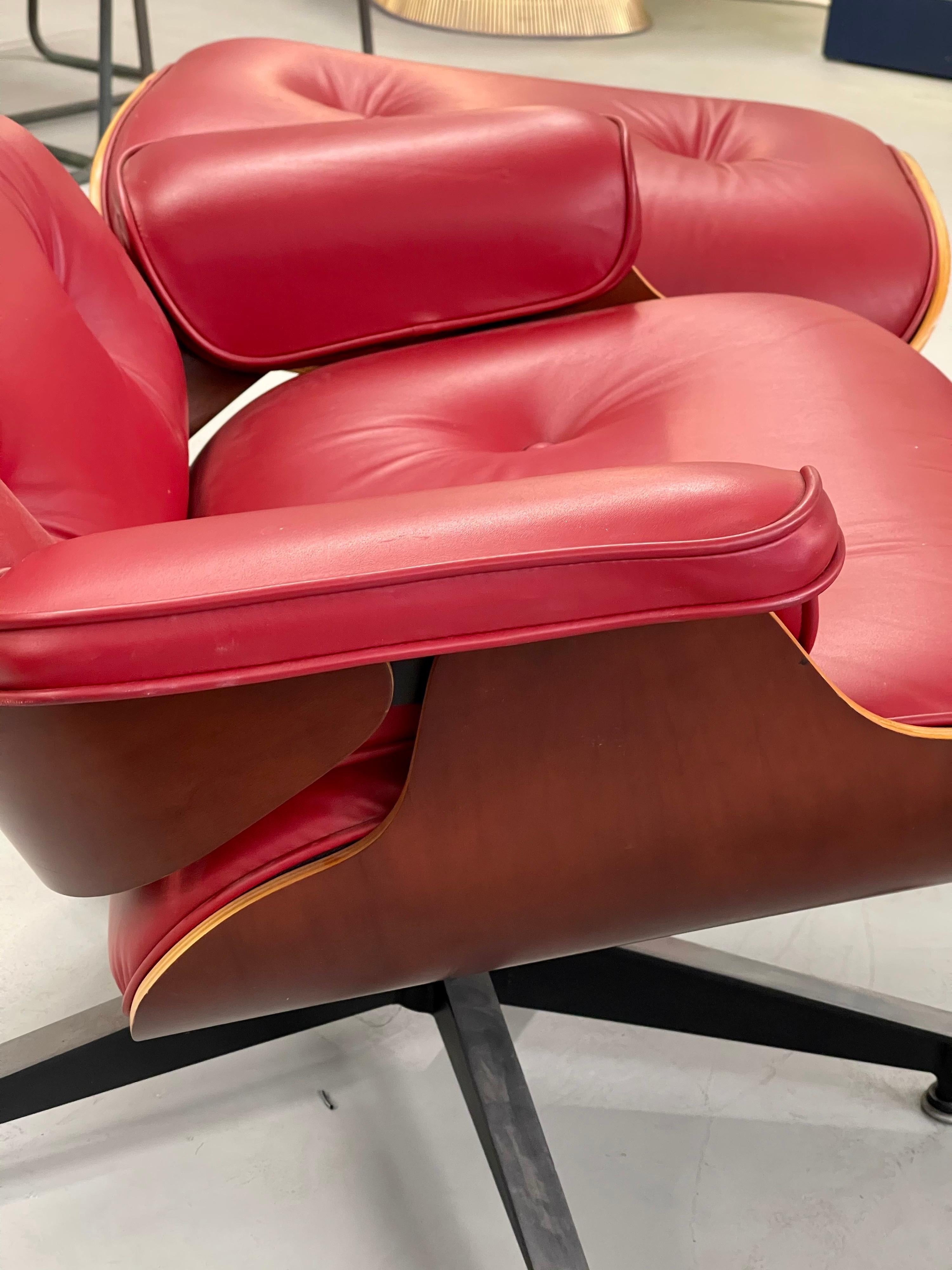 Contemporary Red Leather and Cherry Eames 670/71 Chair and Ottoman, 2005