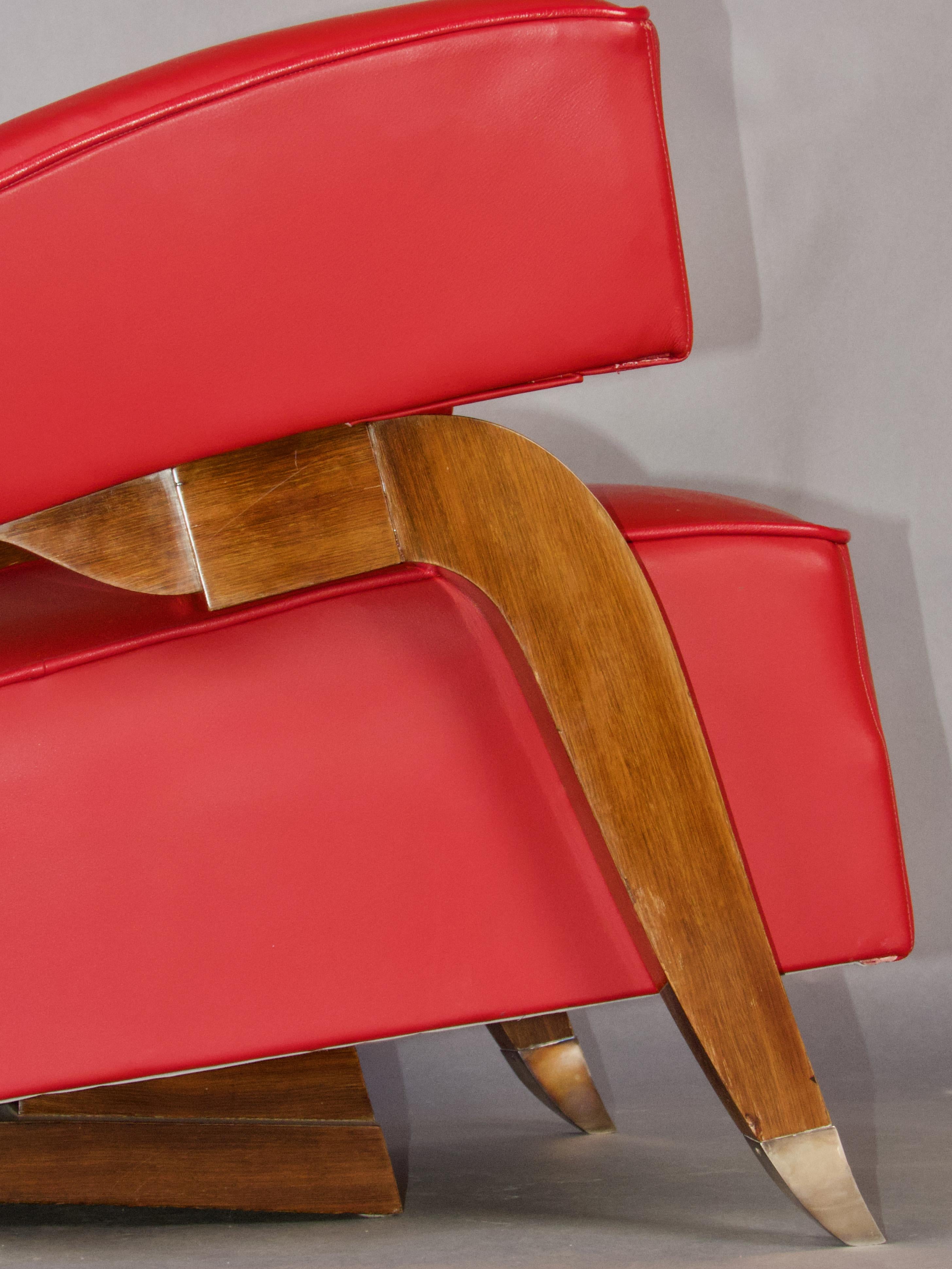 Red leather and wood Art Deco French armchair For Sale 5