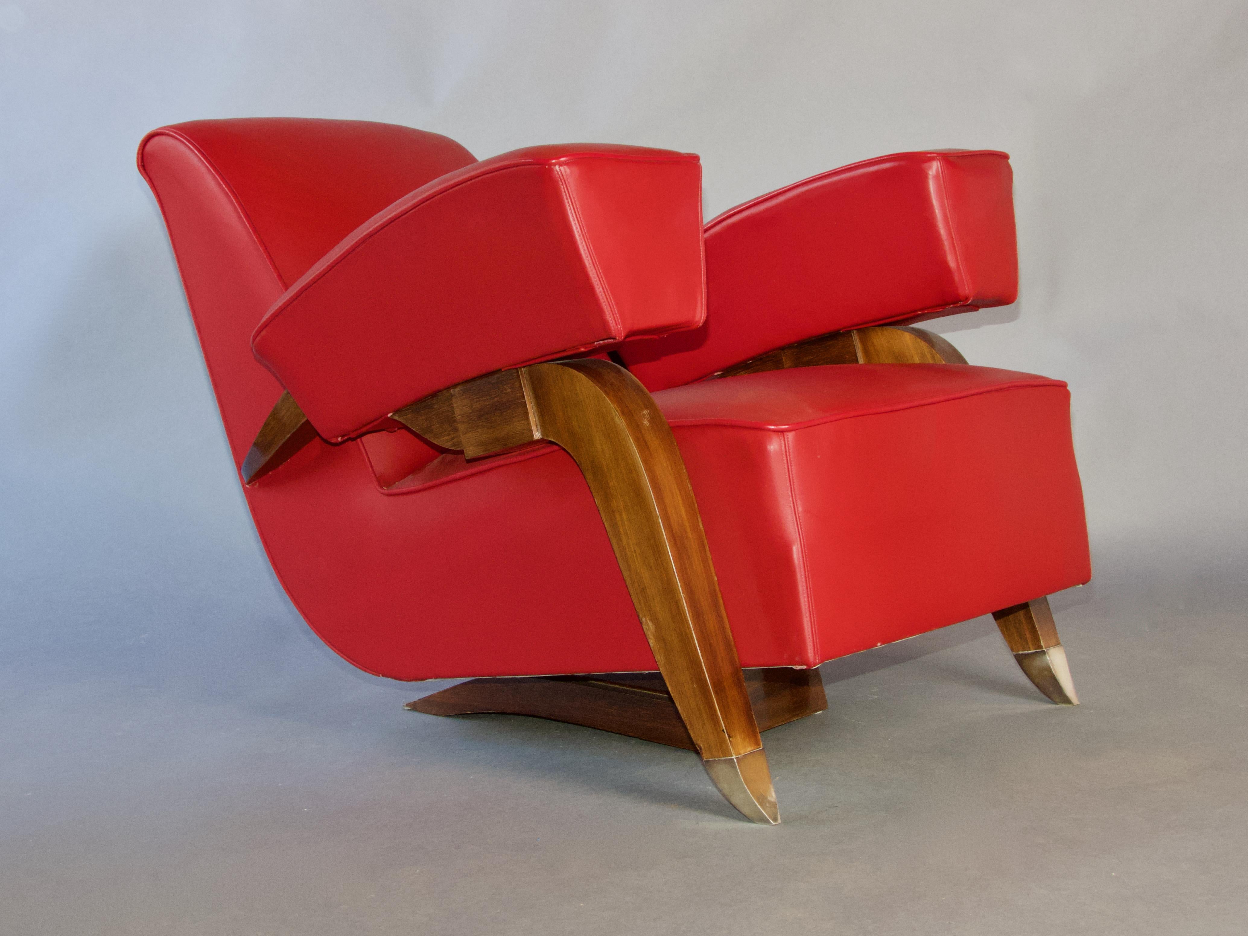 Red leather and wood Art Deco French armchair For Sale 6
