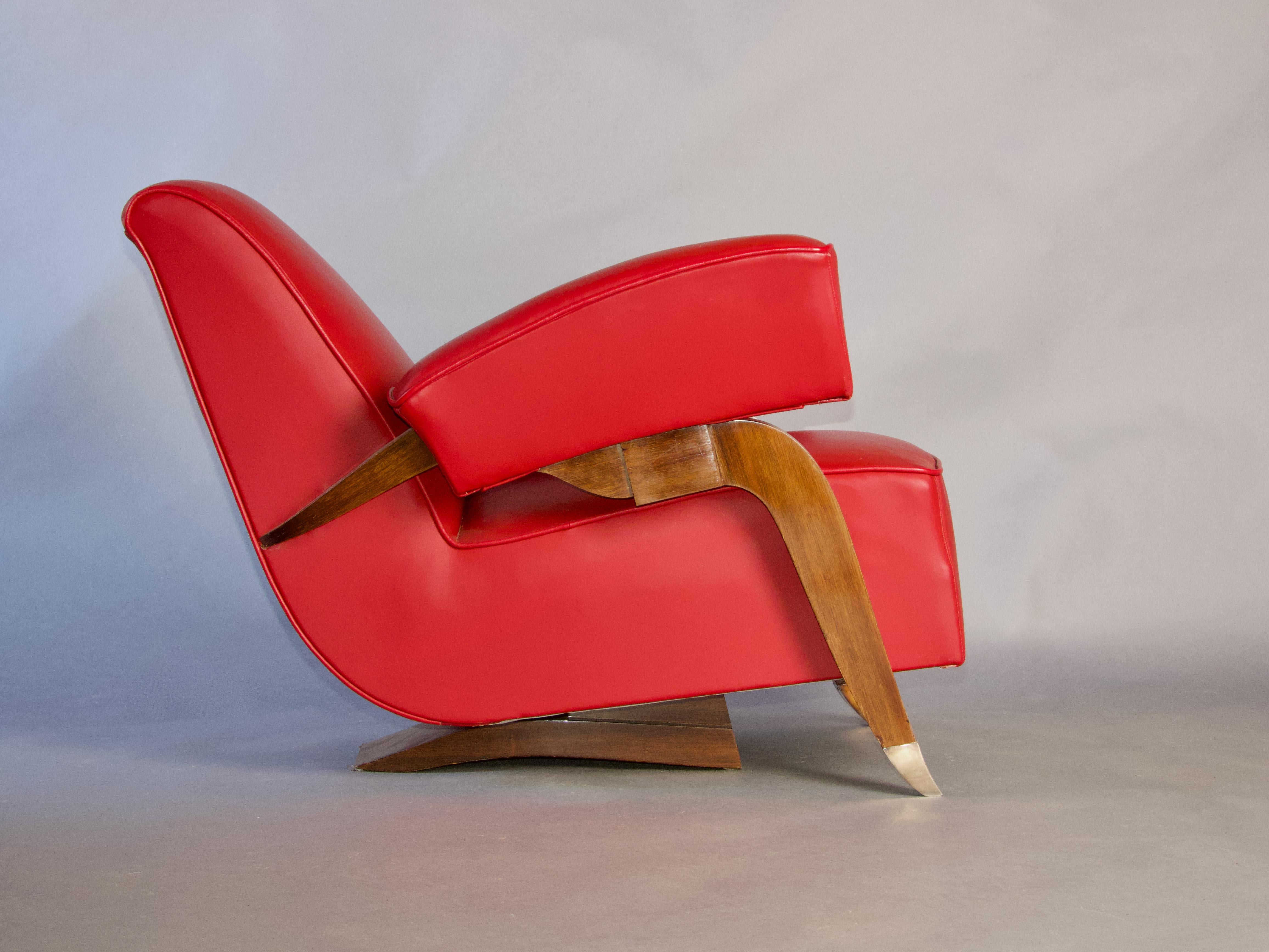 Jacques Emile Ruhlmann style red leather and wood Art Deco armchair