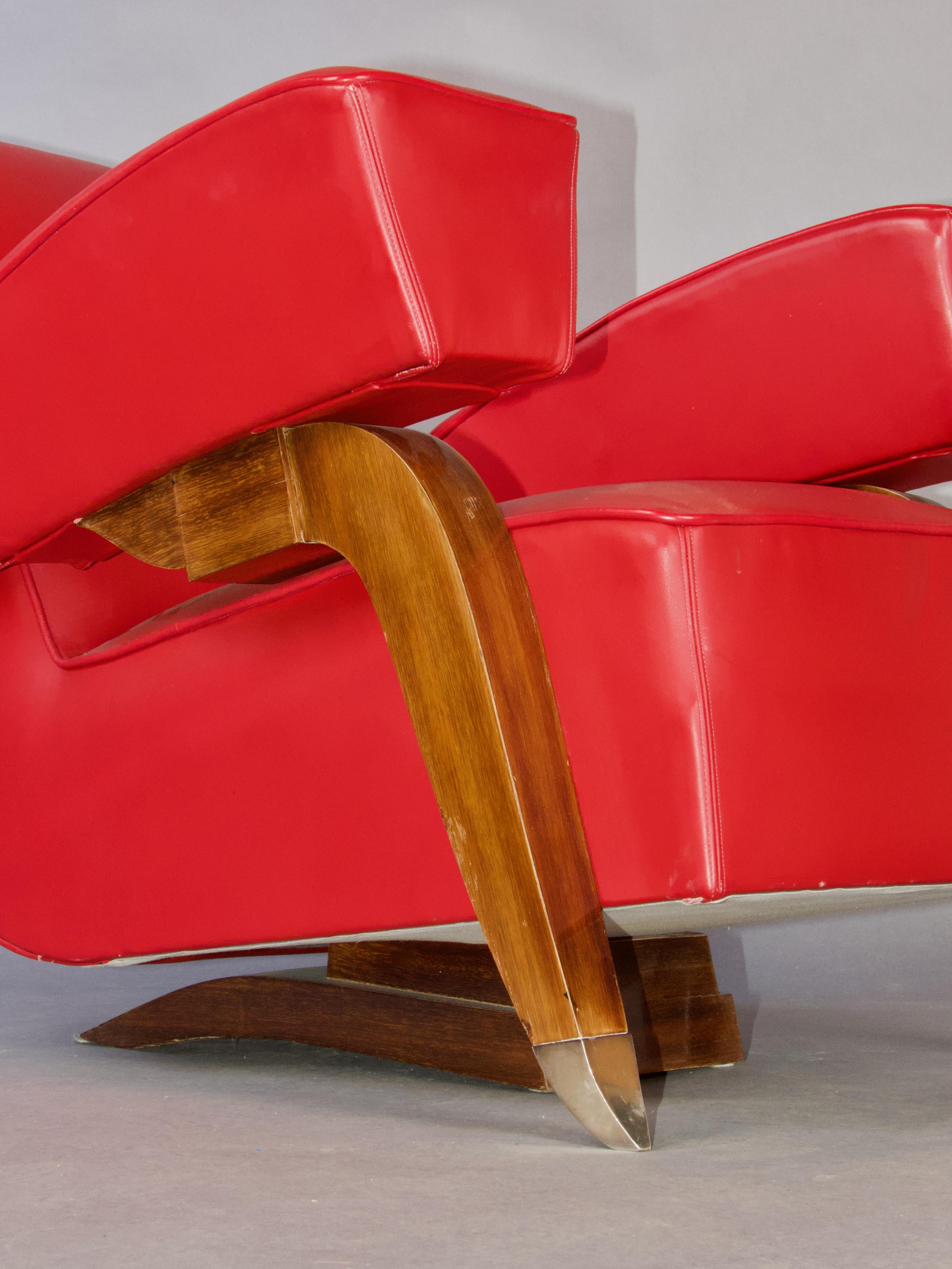 Leather Red leather and wood Art Deco French armchair For Sale
