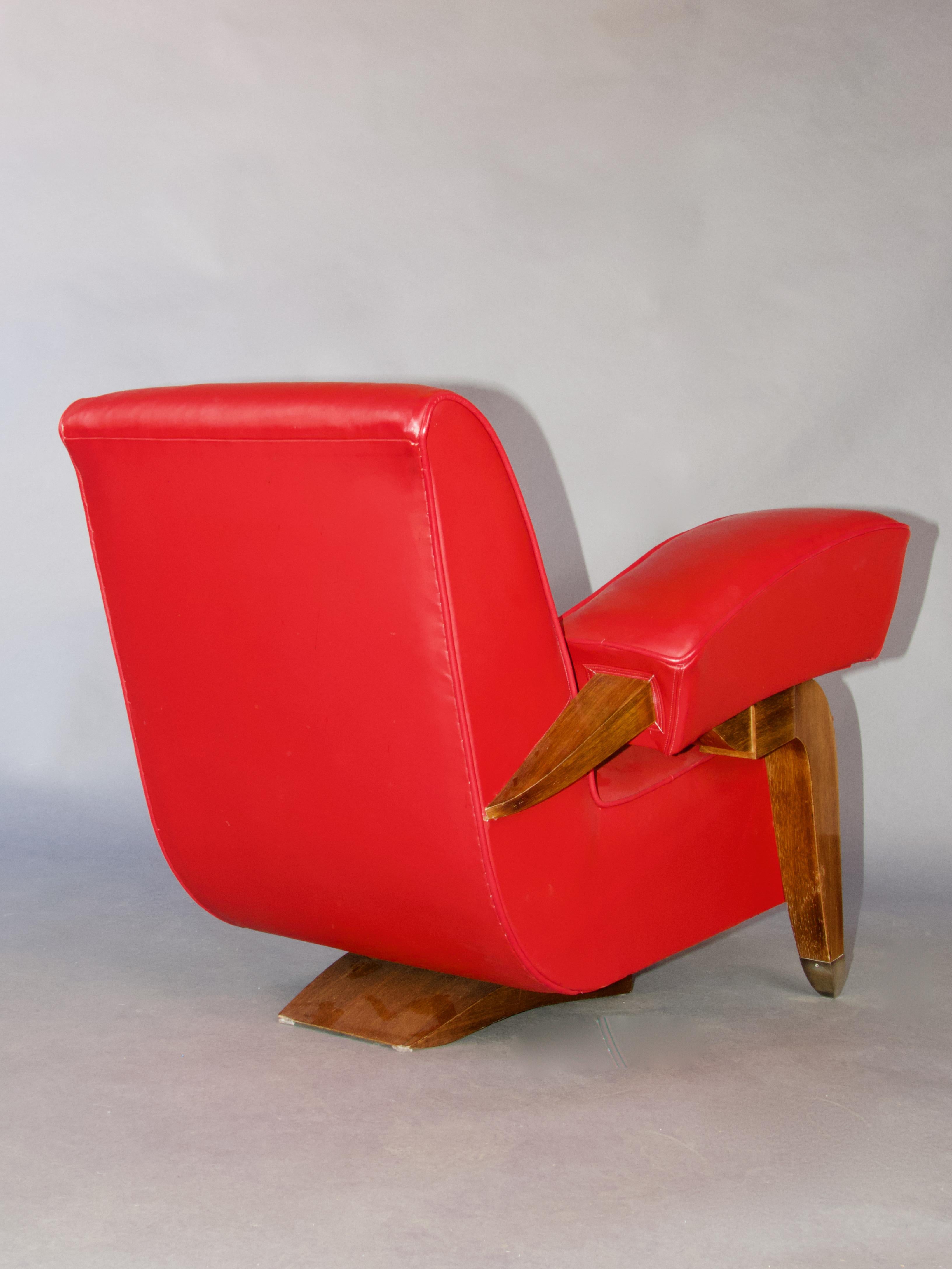 Red leather and wood Art Deco French armchair For Sale 1