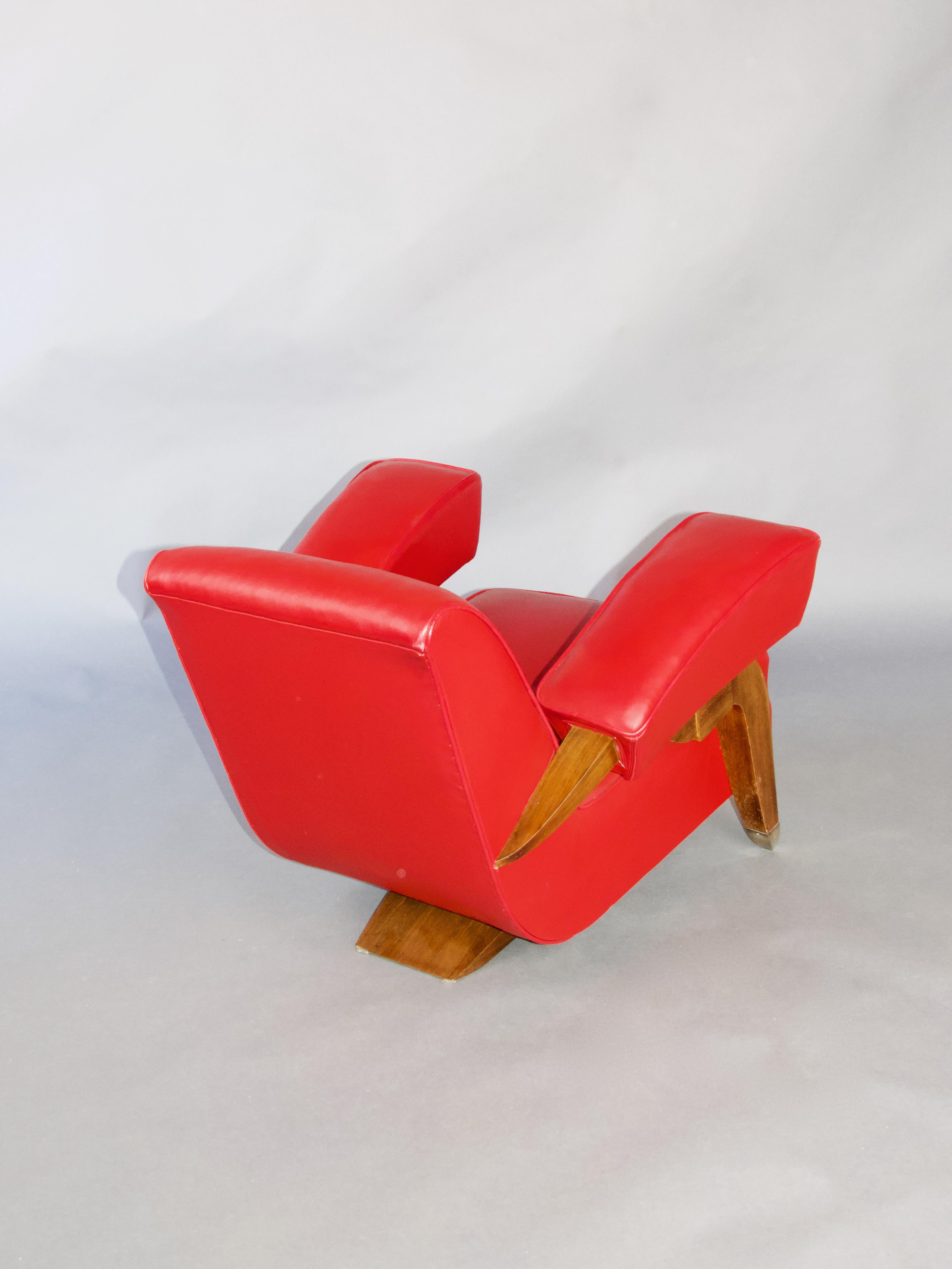 Red leather and wood Art Deco French armchair For Sale 2