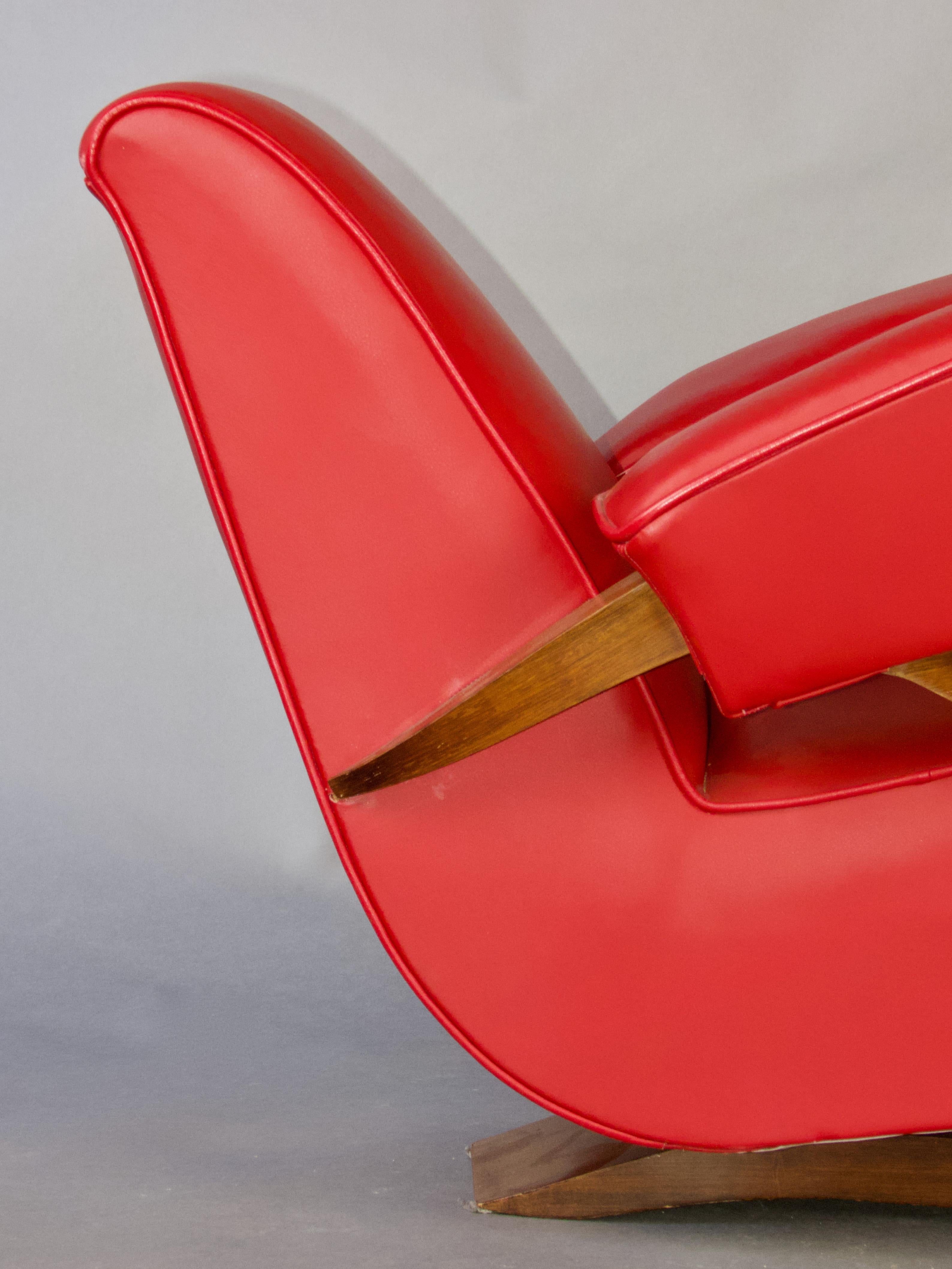 Red leather and wood Art Deco French armchair For Sale 3