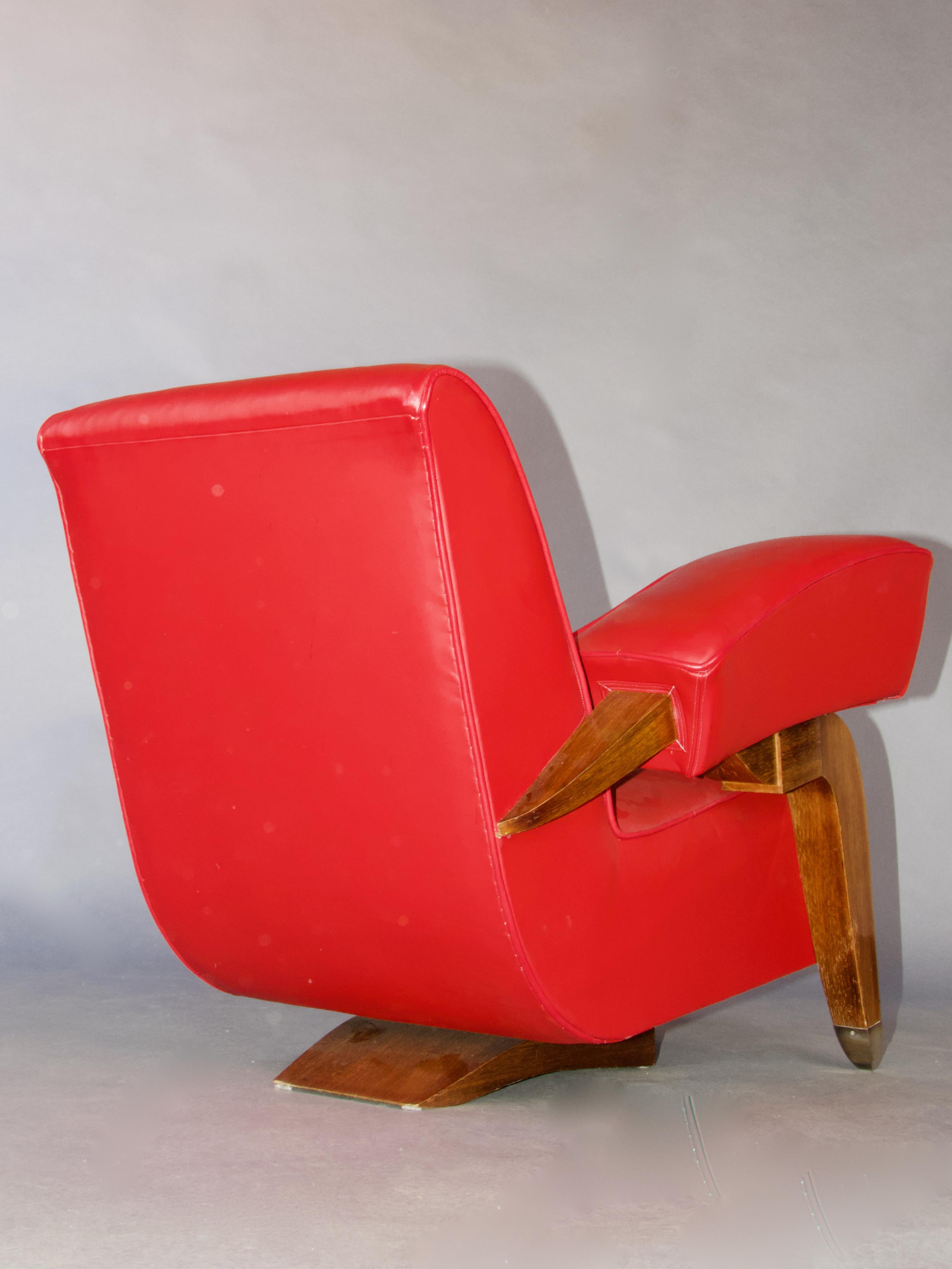 Red leather and wood Art Deco French armchair For Sale 4