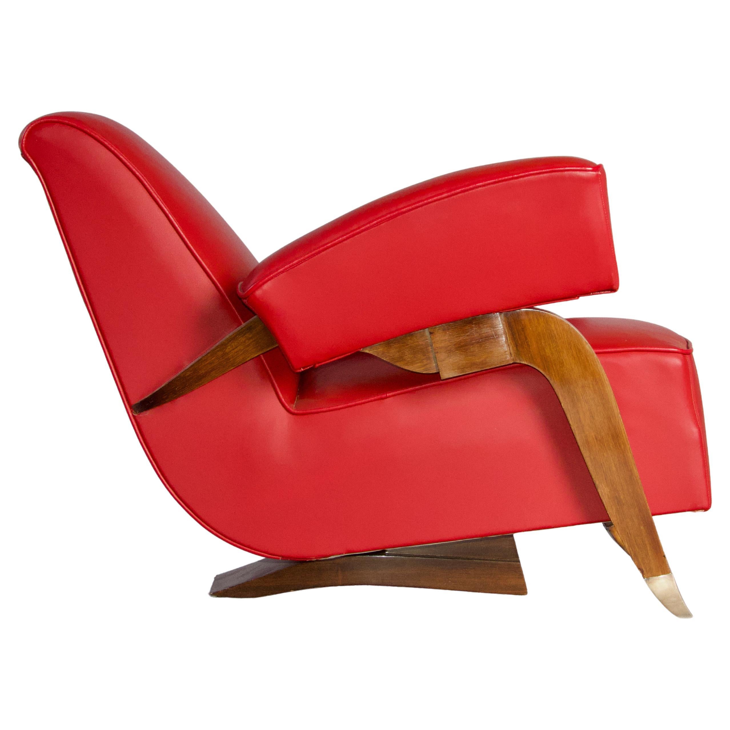 Red leather and wood Art Deco French armchair For Sale