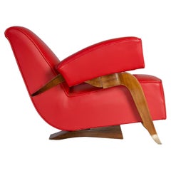 Red leather and wood Art Deco French armchair