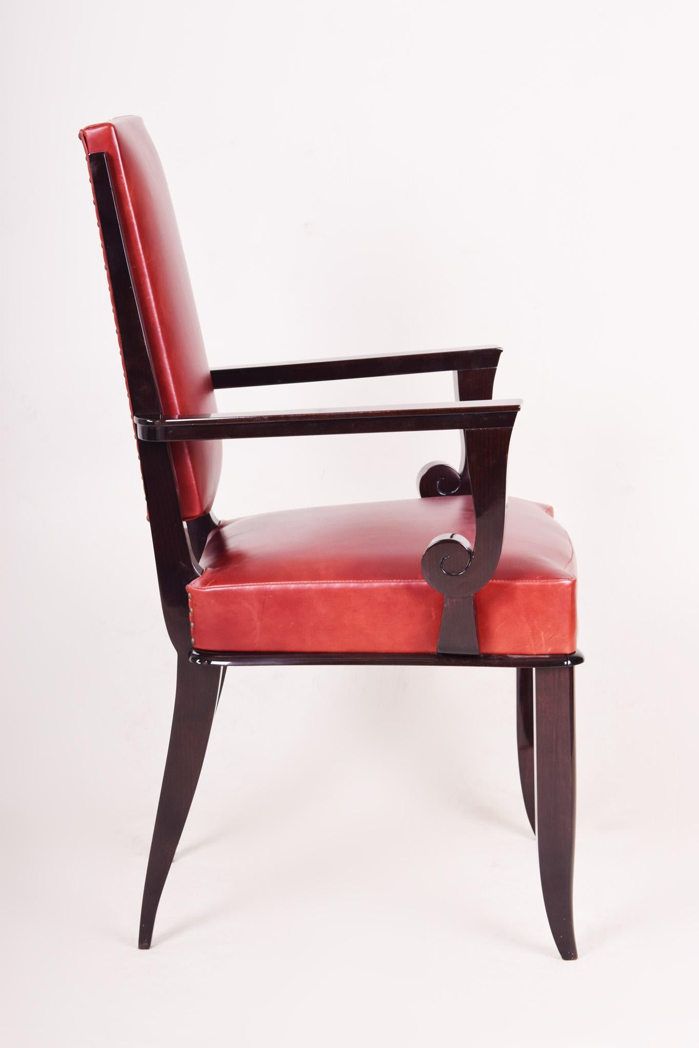 French Red Leather Armchair, Art Deco, Made in 1920s France, Designed by Jules Leleu For Sale