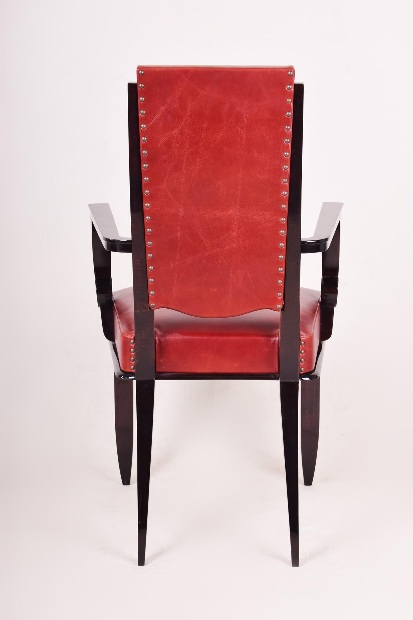 Red Leather Armchair, Art Deco, Made in 1920s France, Designed by Jules Leleu In Excellent Condition For Sale In Horomerice, CZ