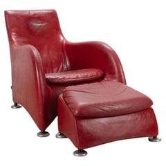 Red Leather Armchair with Footstool by Gerard Van Den Berg