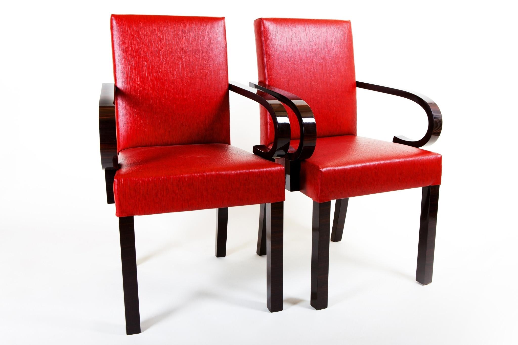 French Red Leather Armchairs, Art Deco, Made in 1920s France, Designed by Dominique For Sale