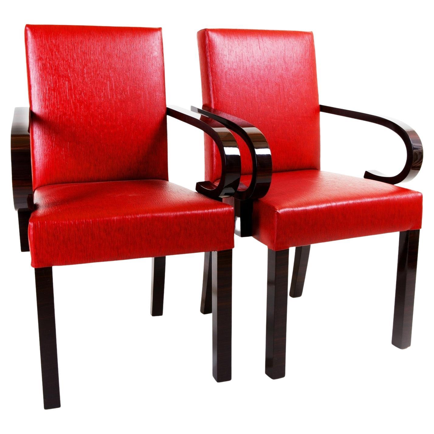 Red Leather Armchairs, Art Deco, Made in 1920s France, Designed by Dominique For Sale