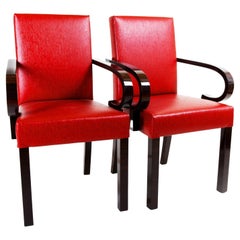 Red Leather Armchairs, Art Deco, Made in 1920s France, Designed by Dominique