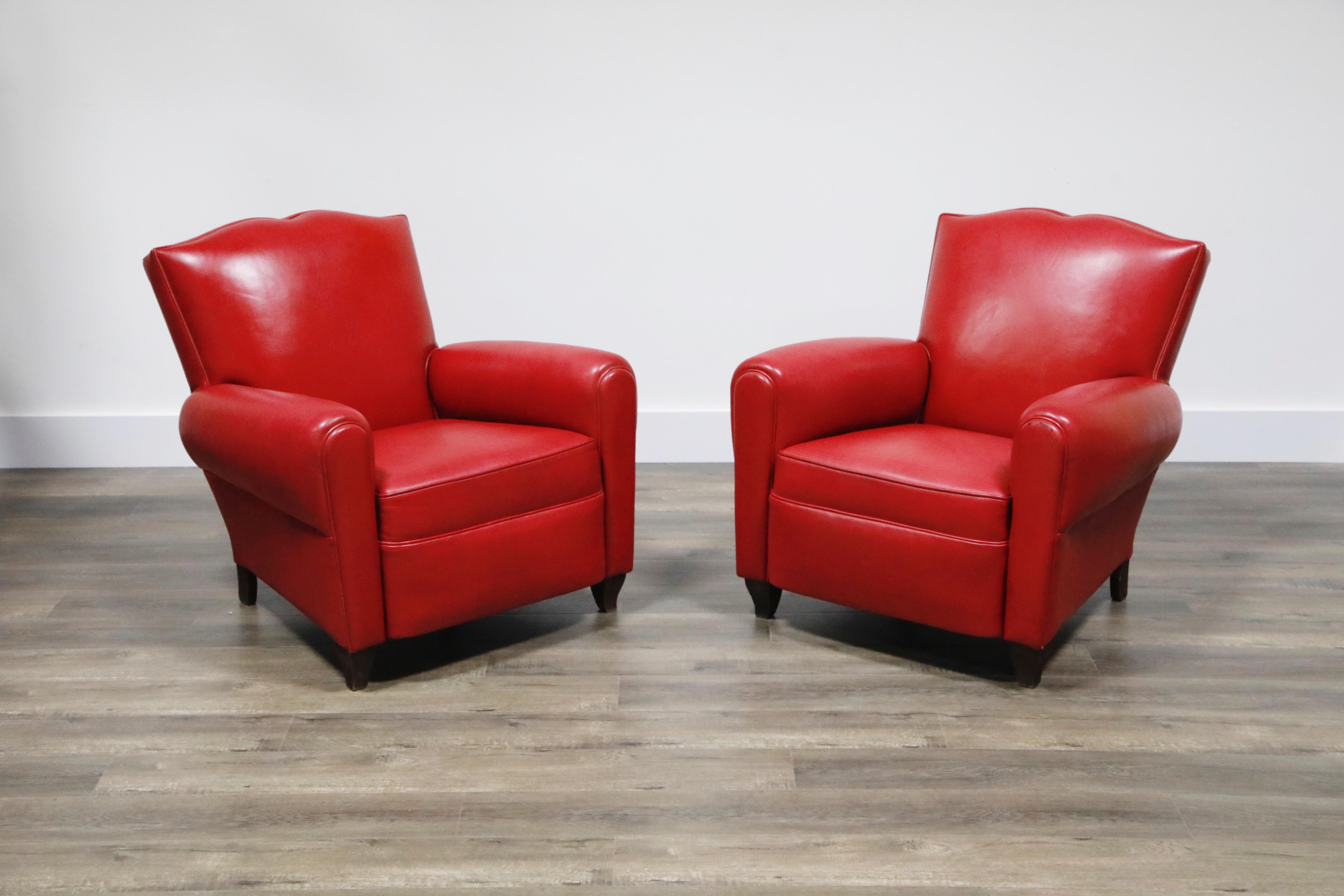 American Red Leather Art Deco Mustache Club Chairs, Pair