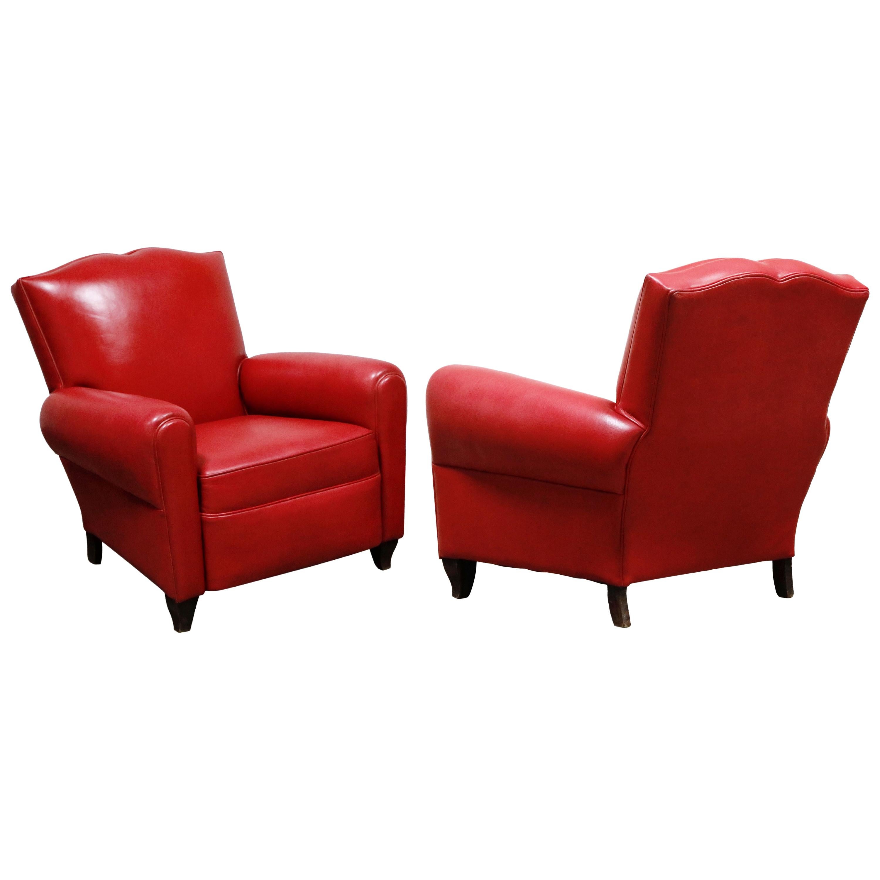 Red Leather Art Deco Mustache Club Chairs, Pair