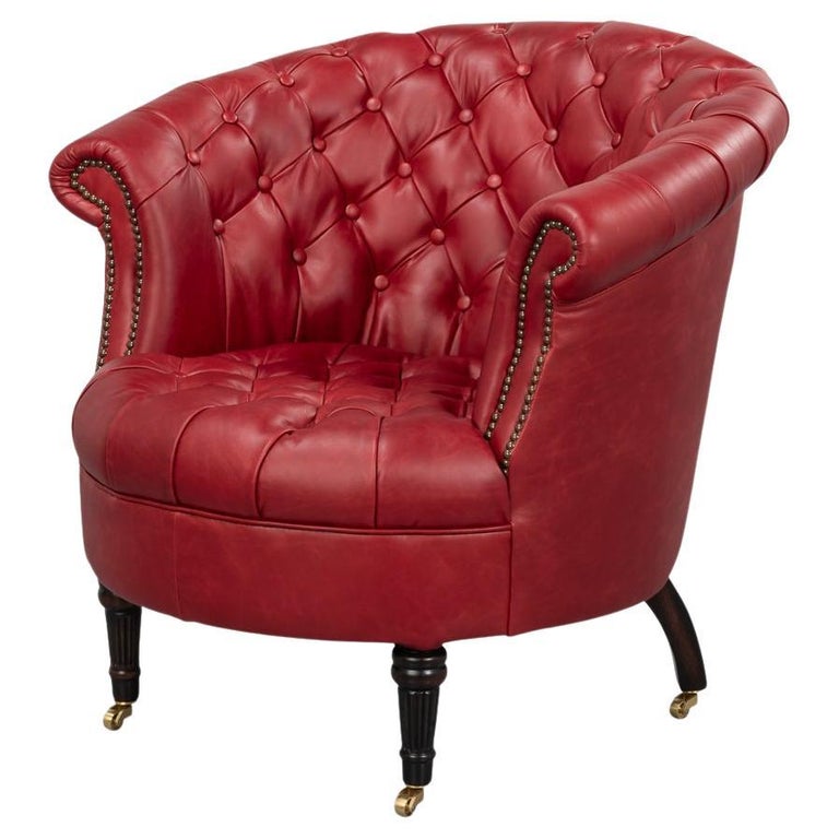 Traditional Chesterfield Genuine Leather Barrel Chair Red Leather