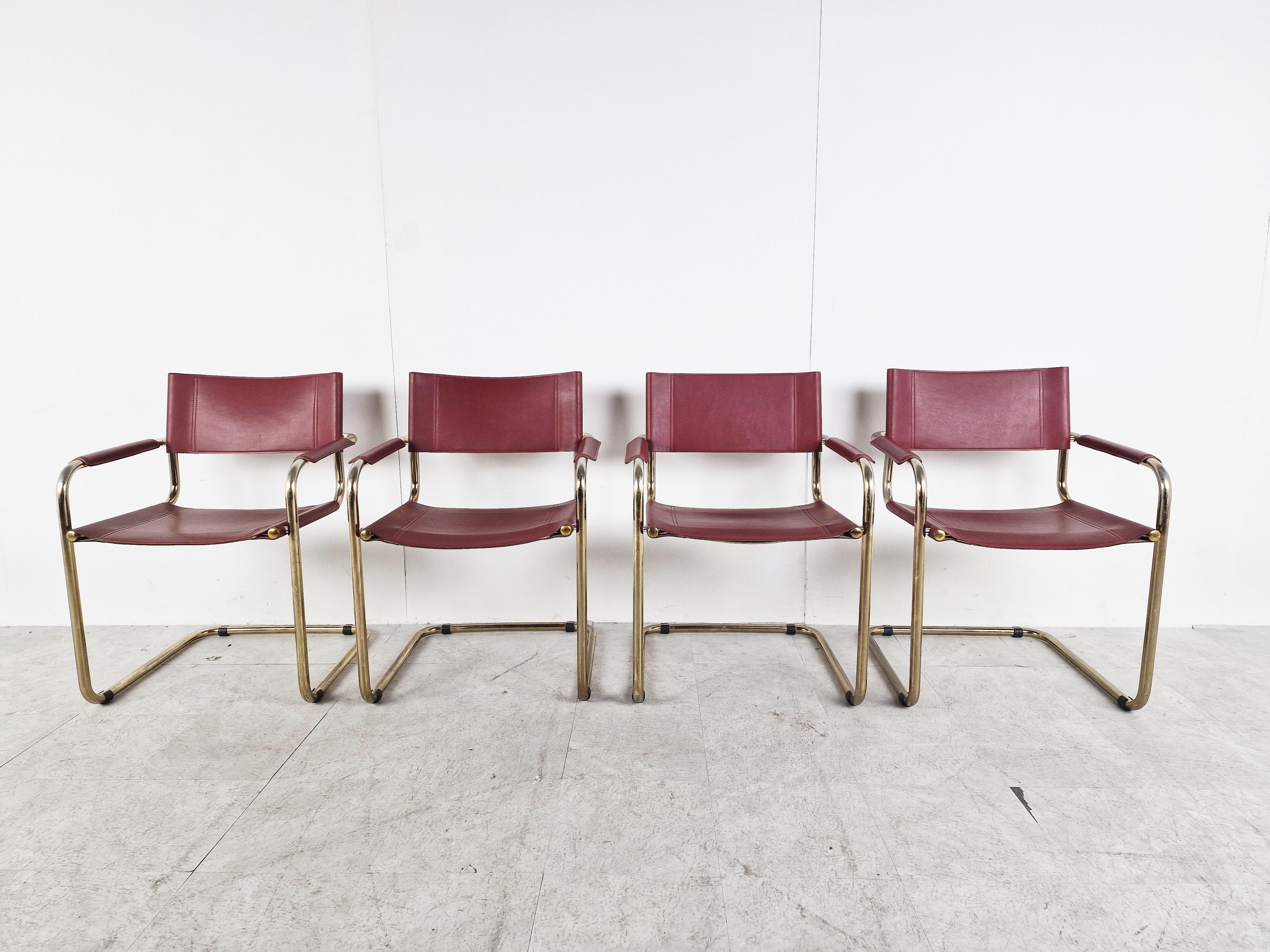 Italian Red Leather Bauhaus Design Dining Chairs, 1980