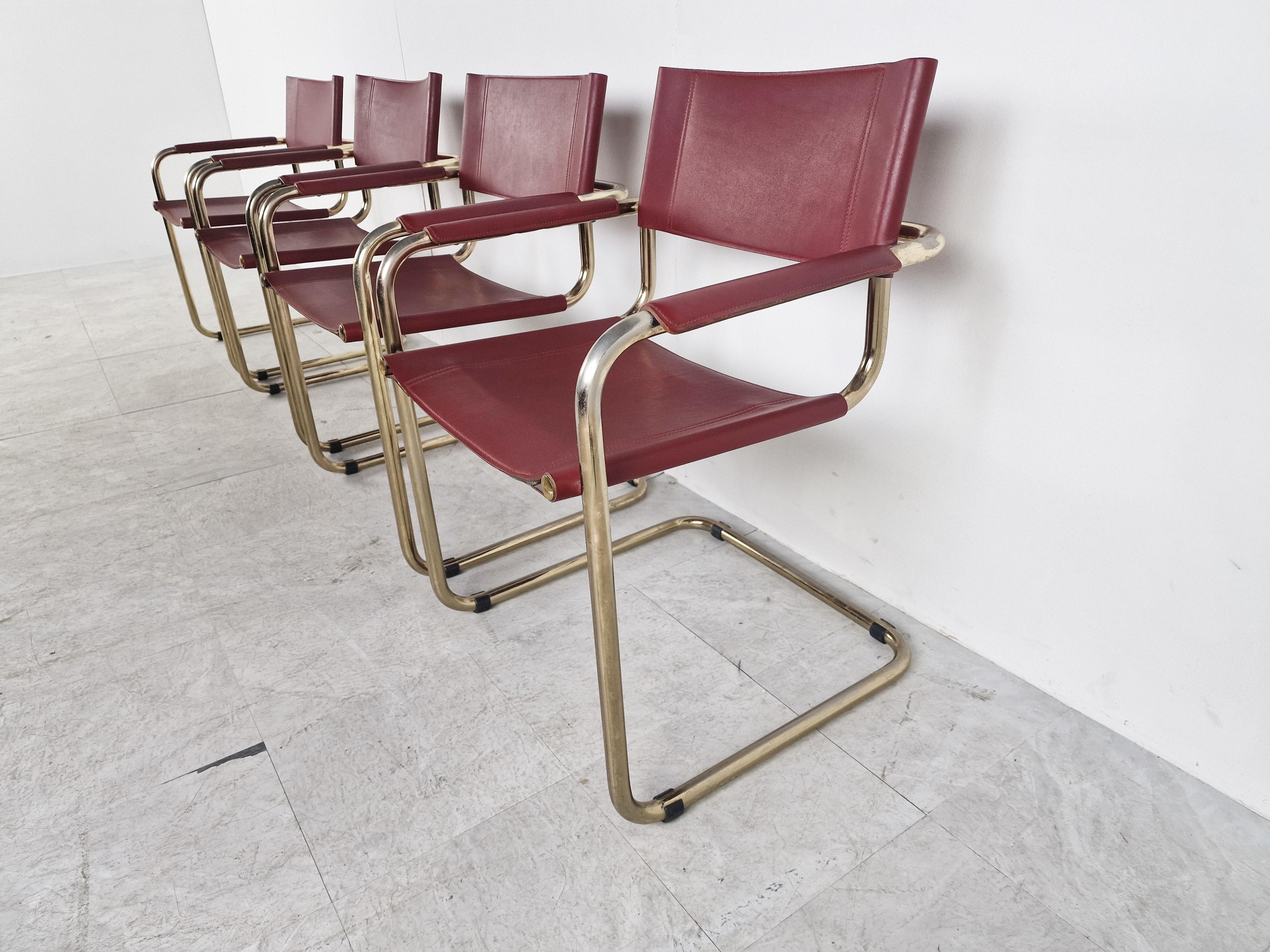 Red Leather Bauhaus Design Dining Chairs, 1980 1