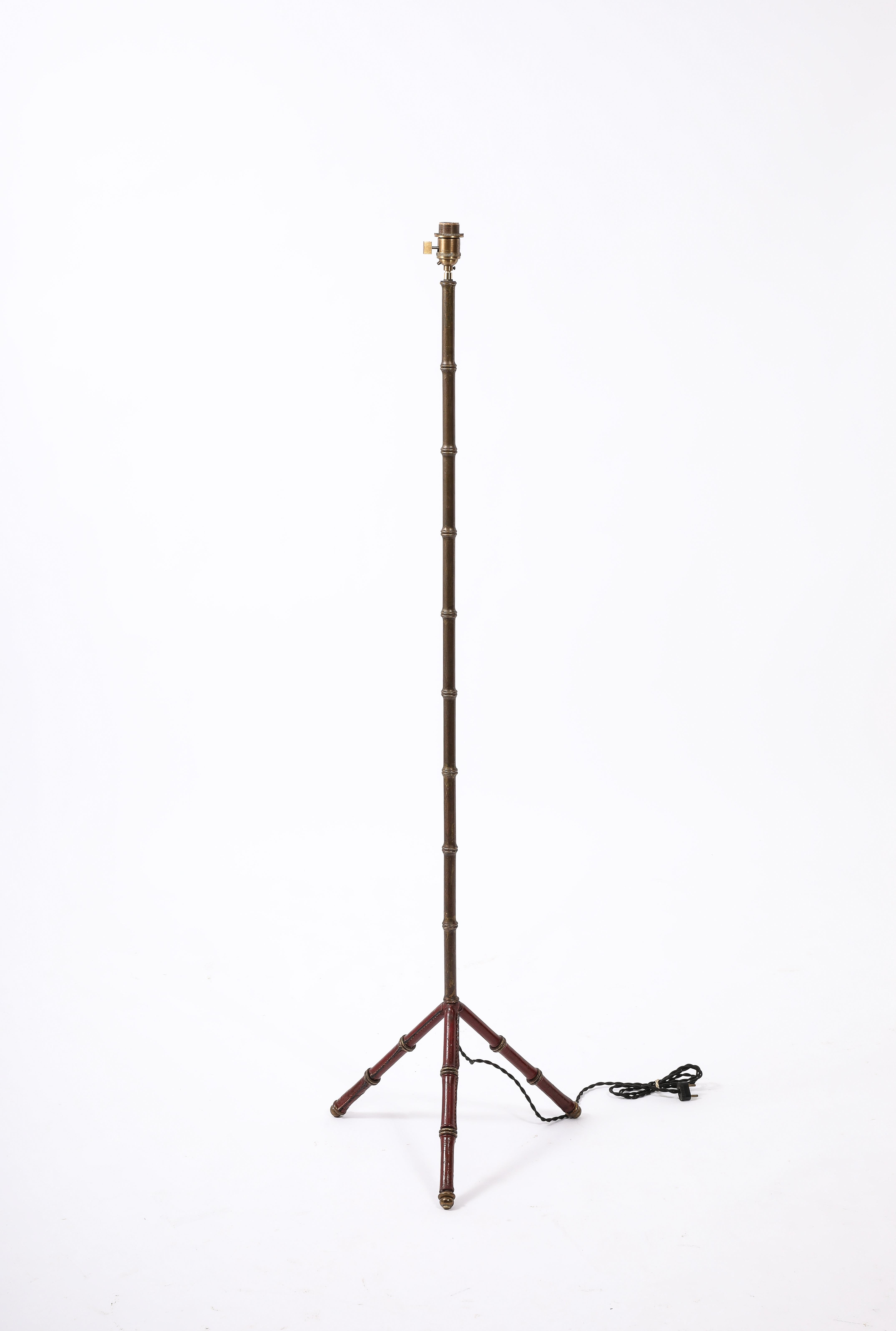 Red Leather & Brass Faux Bamboo Jacques Adnet Floor lamp, France 1950's For Sale 5