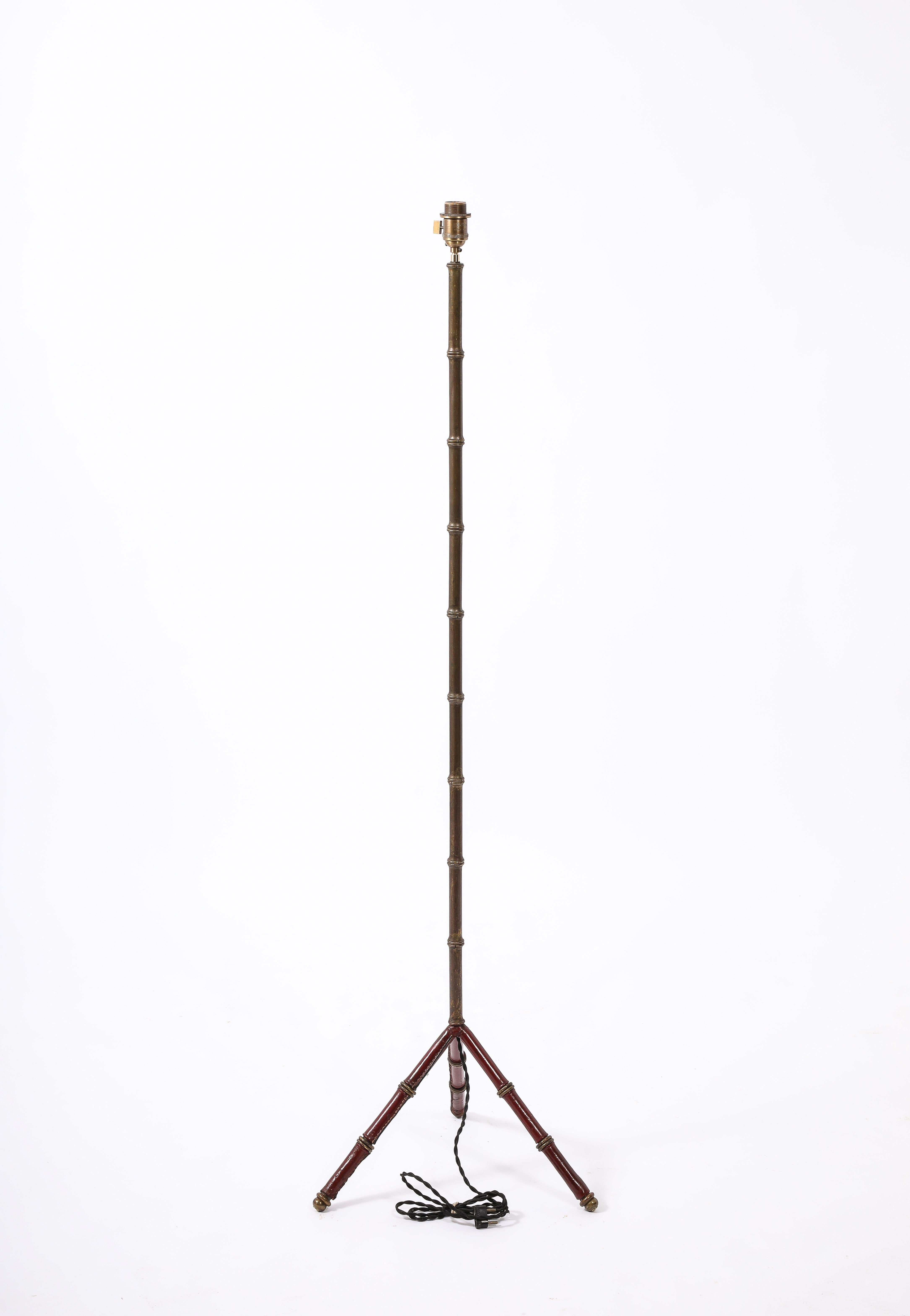 Red Leather & Brass Faux Bamboo Jacques Adnet Floor lamp, France 1950's For Sale 6