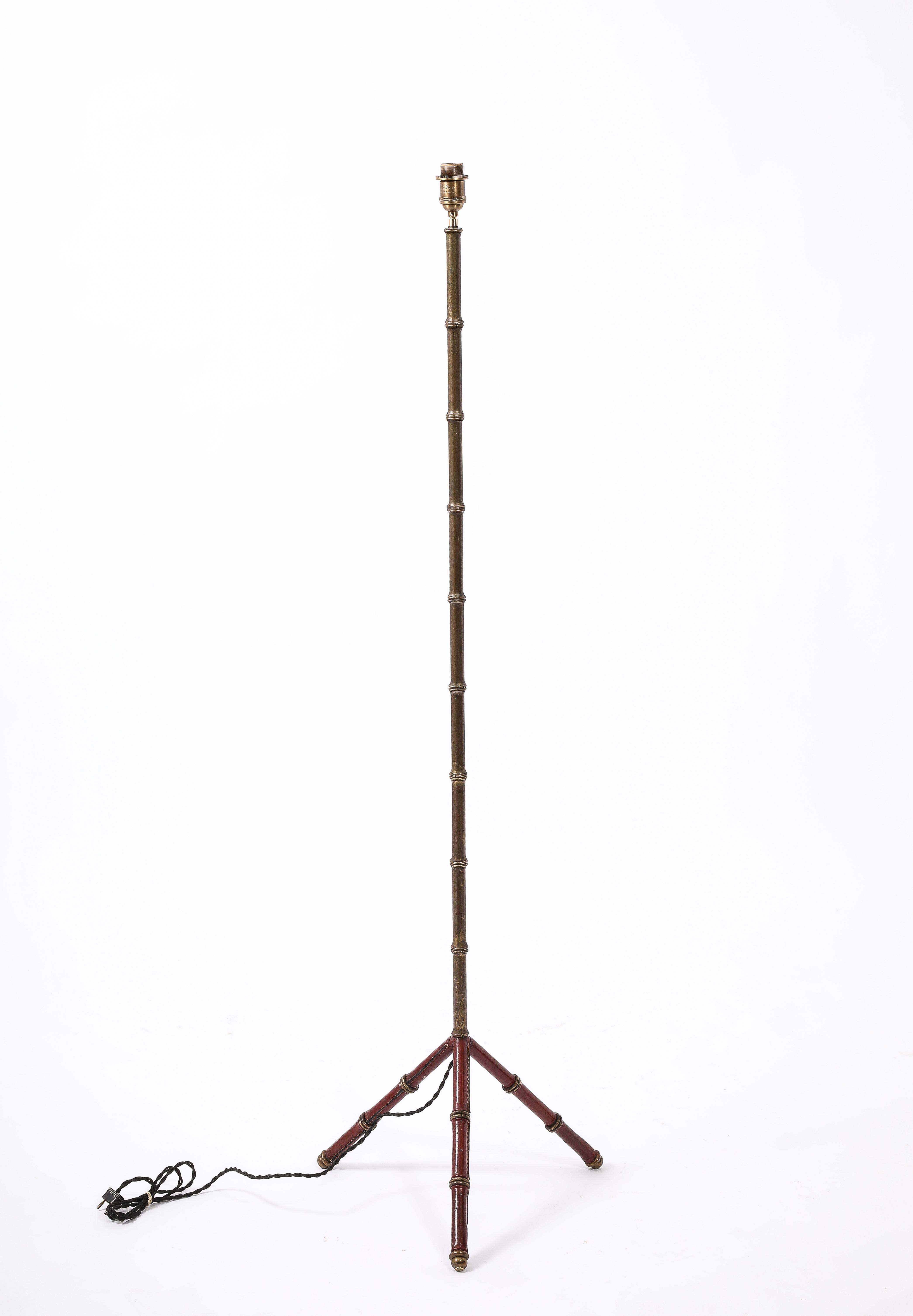 Red Leather & Brass Faux Bamboo Jacques Adnet Floor lamp, France 1950's For Sale 7