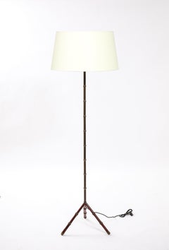 Red Leather & Brass Faux Bamboo Jacques Adnet Floor lamp, France 1950's