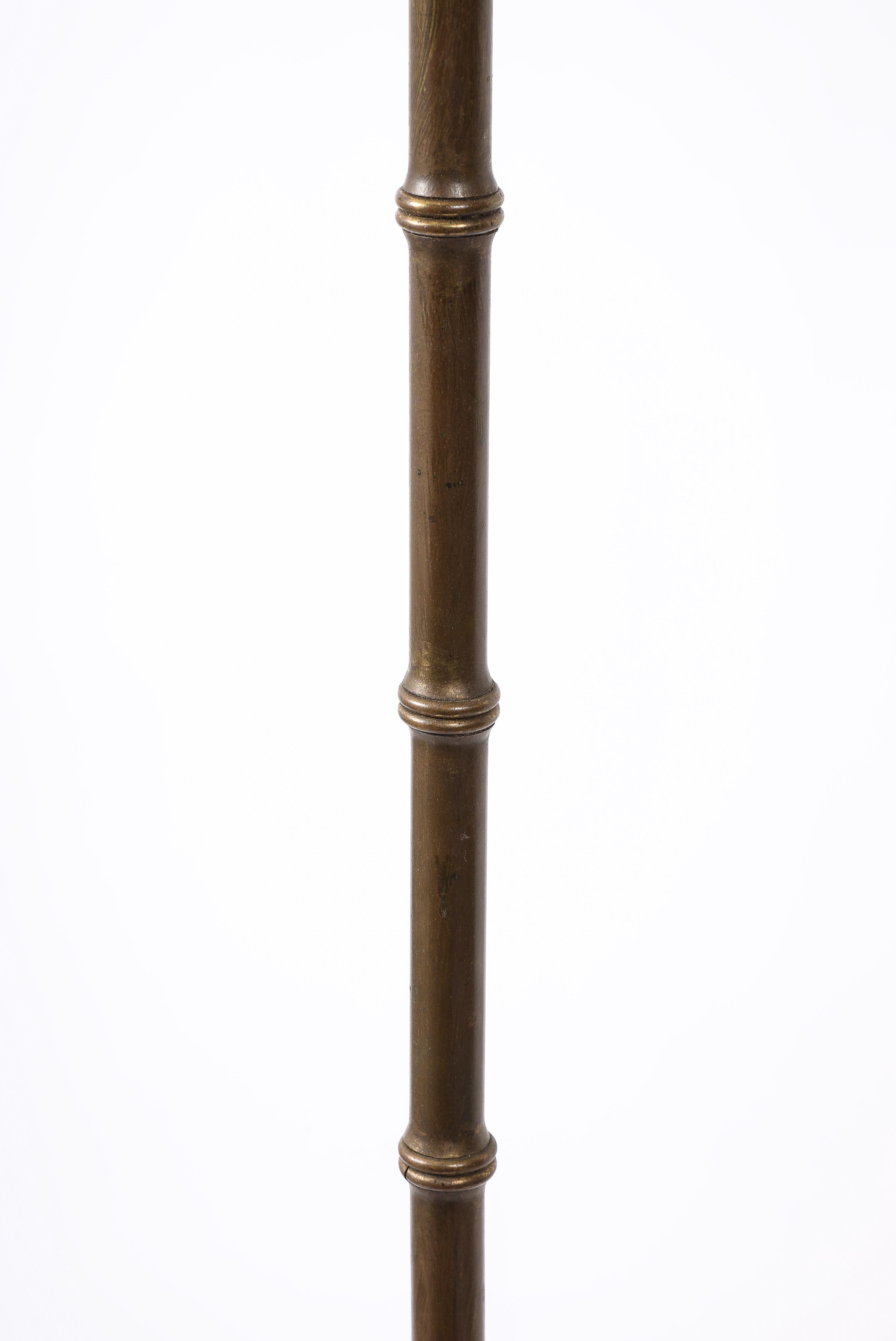 Red Leather & Brass Faux Bamboo Jacques Adnet Floor lamp, France 1950's In Good Condition For Sale In New York, NY