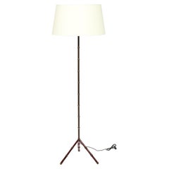 Red Leather & Brass Faux Bamboo Jacques Adnet Floor lamp, France 1950's