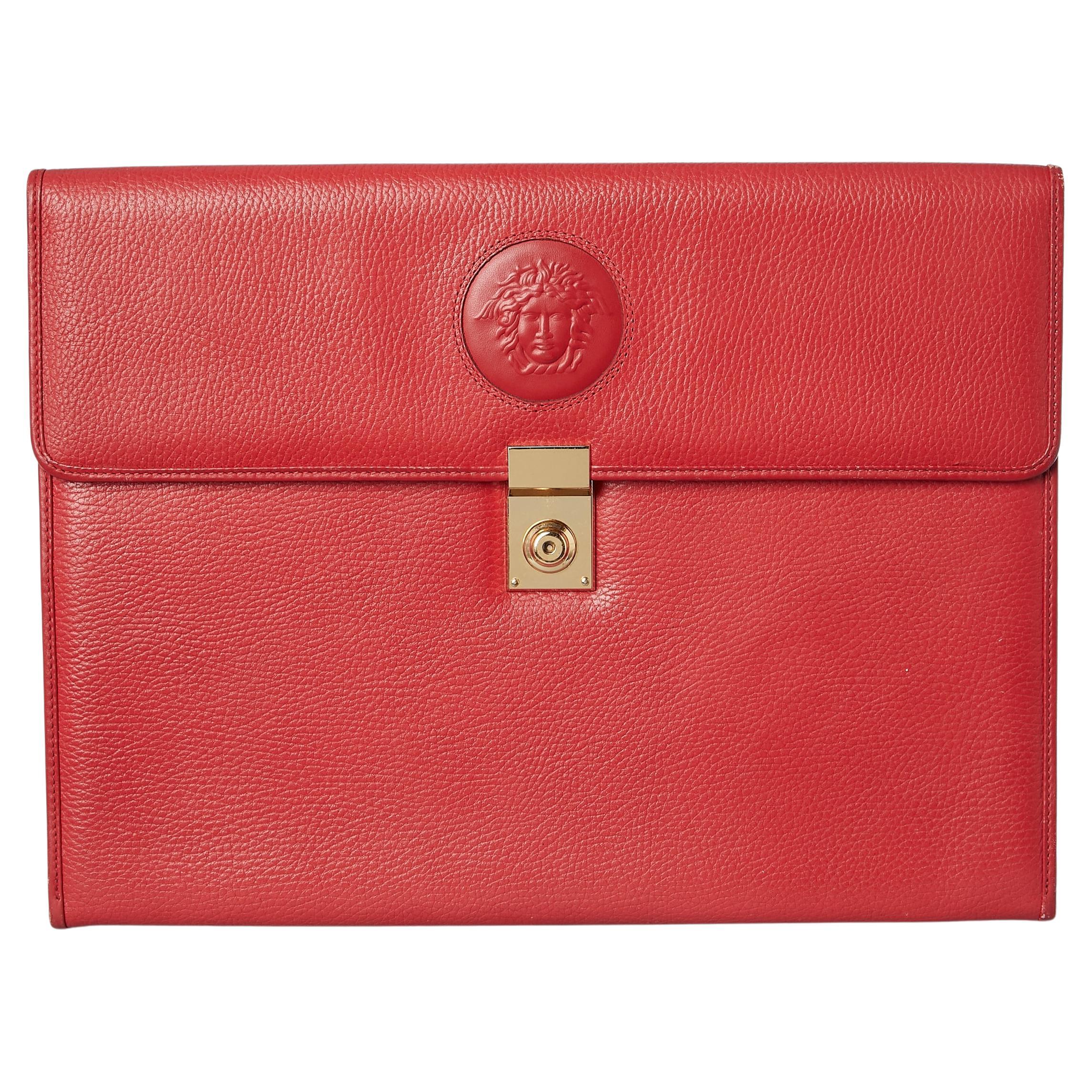 Red leather breifcase with Medusa embosset  Giani Versace Circa 1980's  For Sale