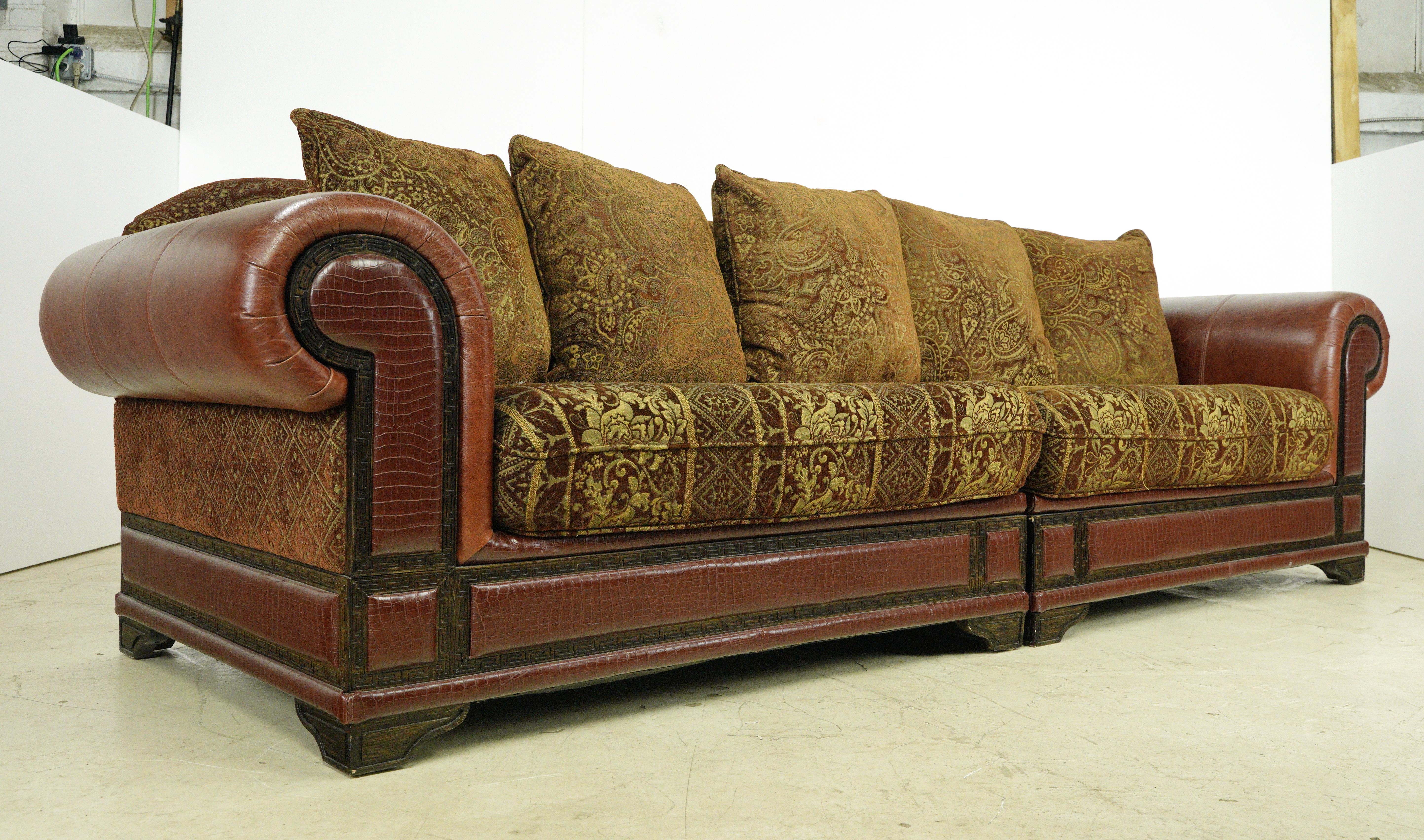 Contemporary Red Leather Brown & Gold Living Room Seating Set For Sale