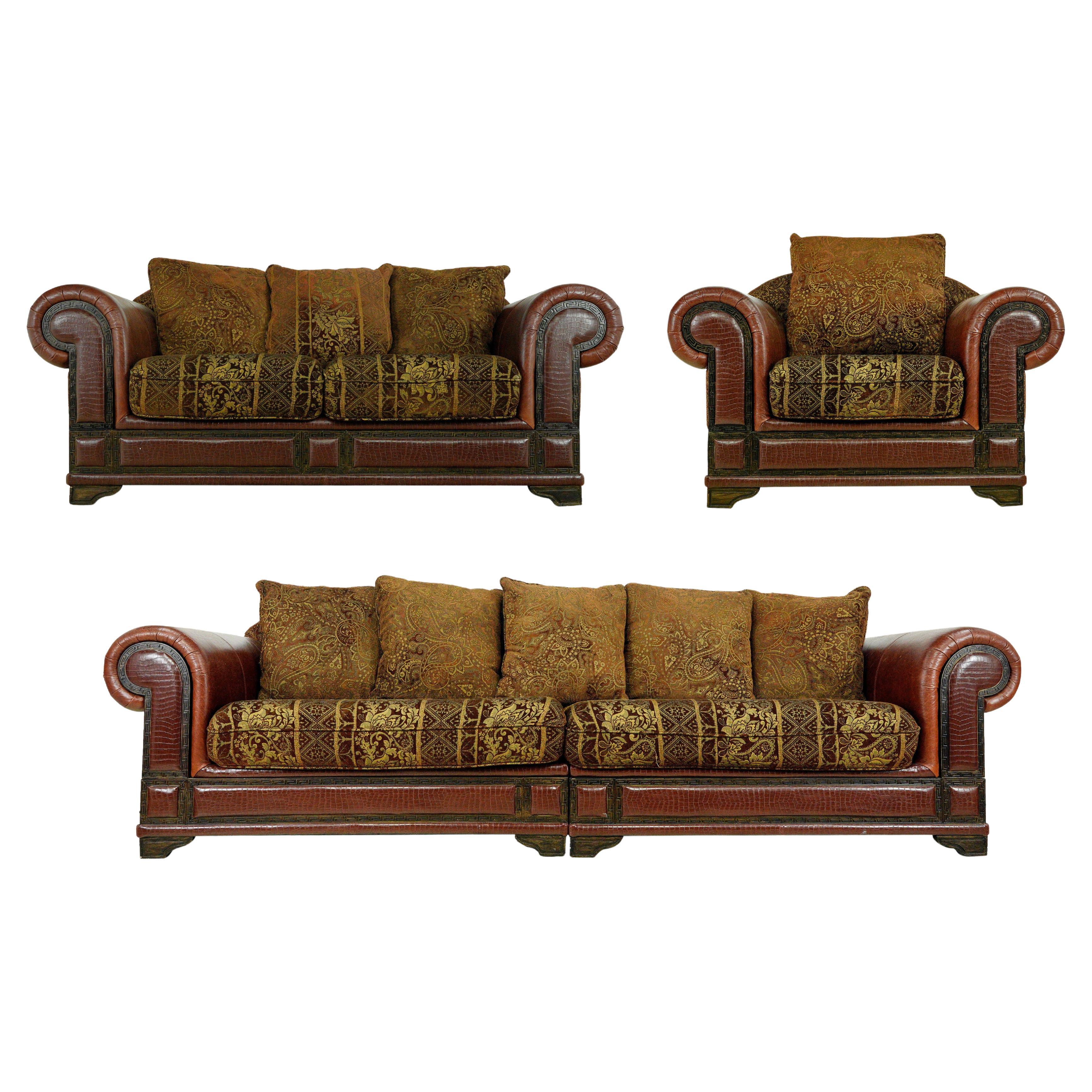 Red Leather Brown & Gold Living Room Seating Set For Sale