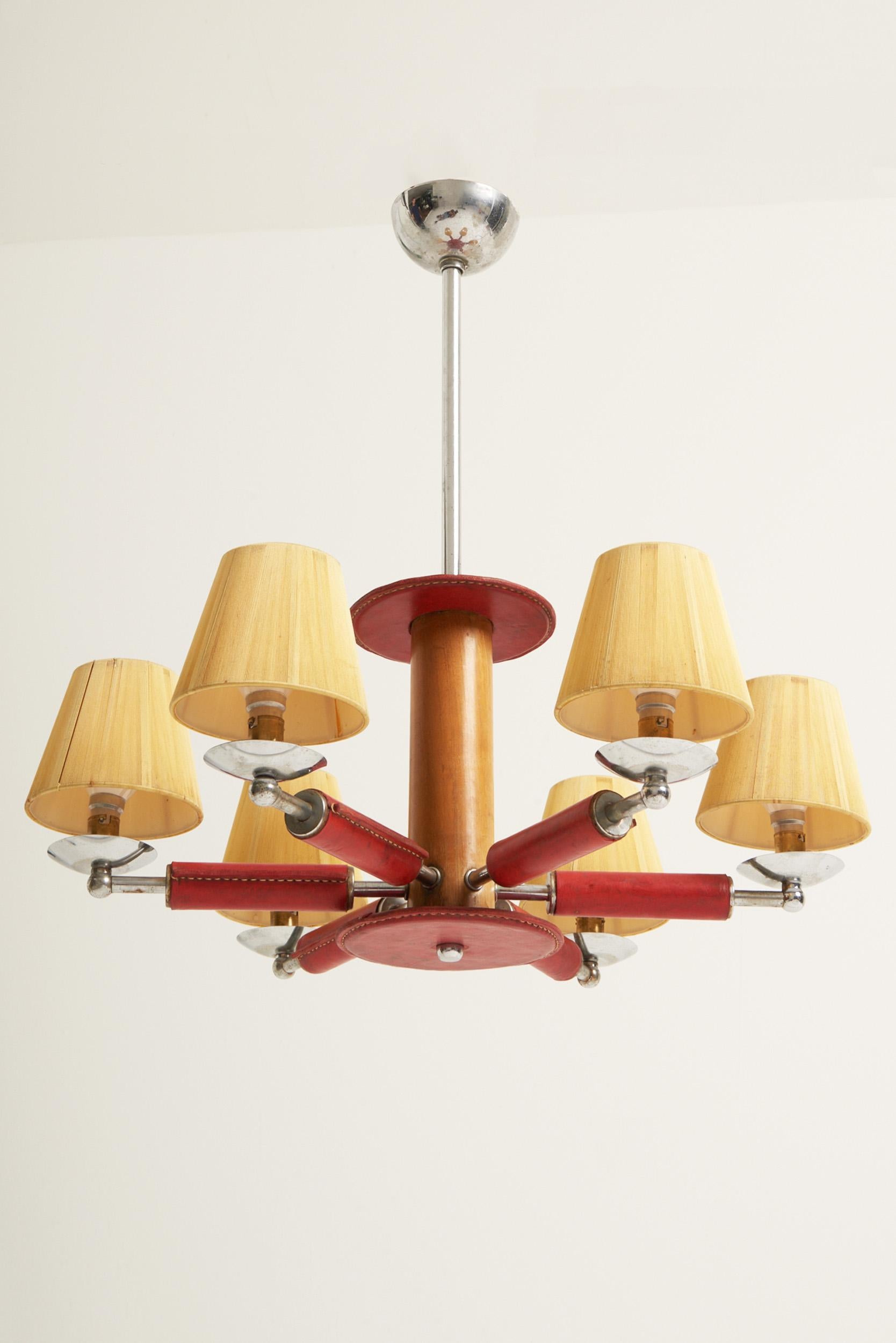 Mid-Century Modern Red Leather Ceiling Light by Jacques Adnet (1900-1984)